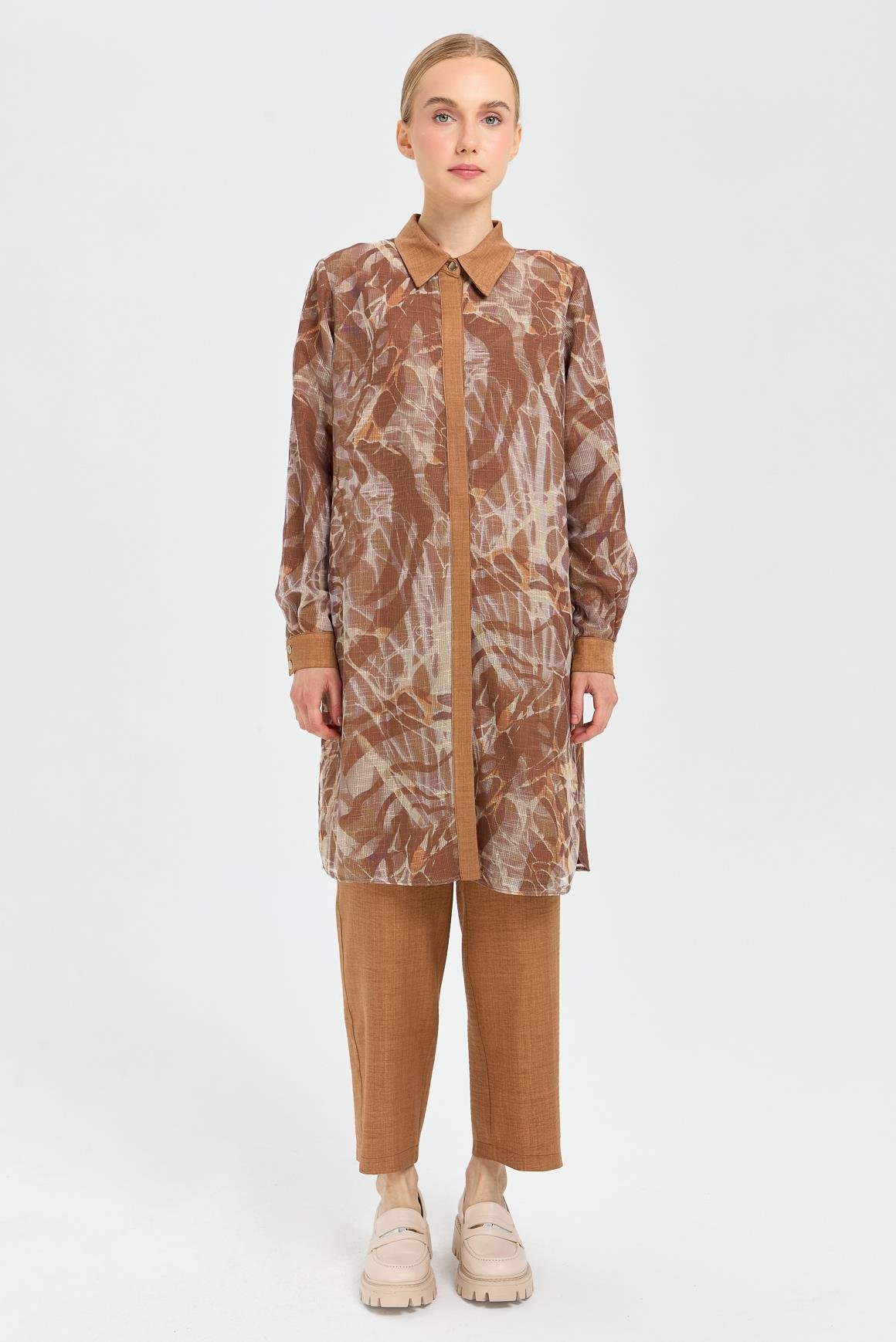 Desenli File Kumaş Tunik Pantolon Takım  Camel