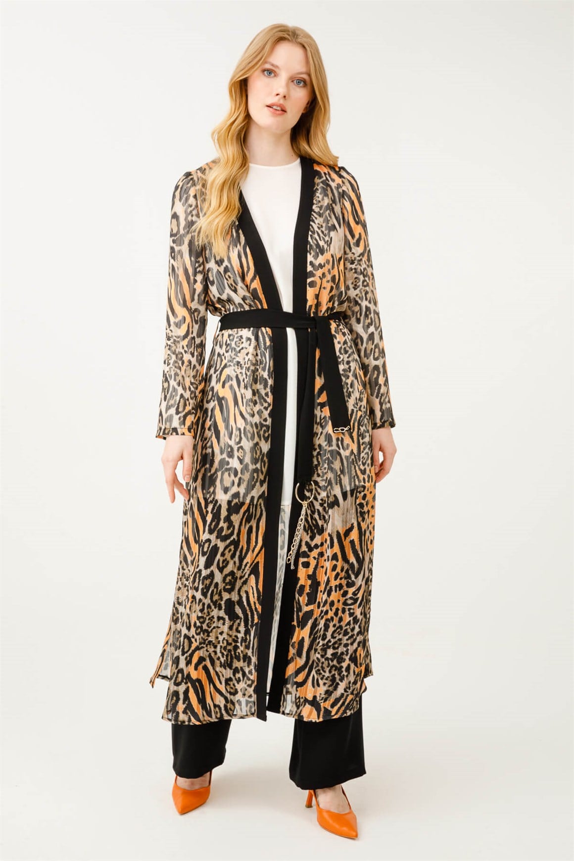Printed Kimono Blouse and Pants Set - Coffee