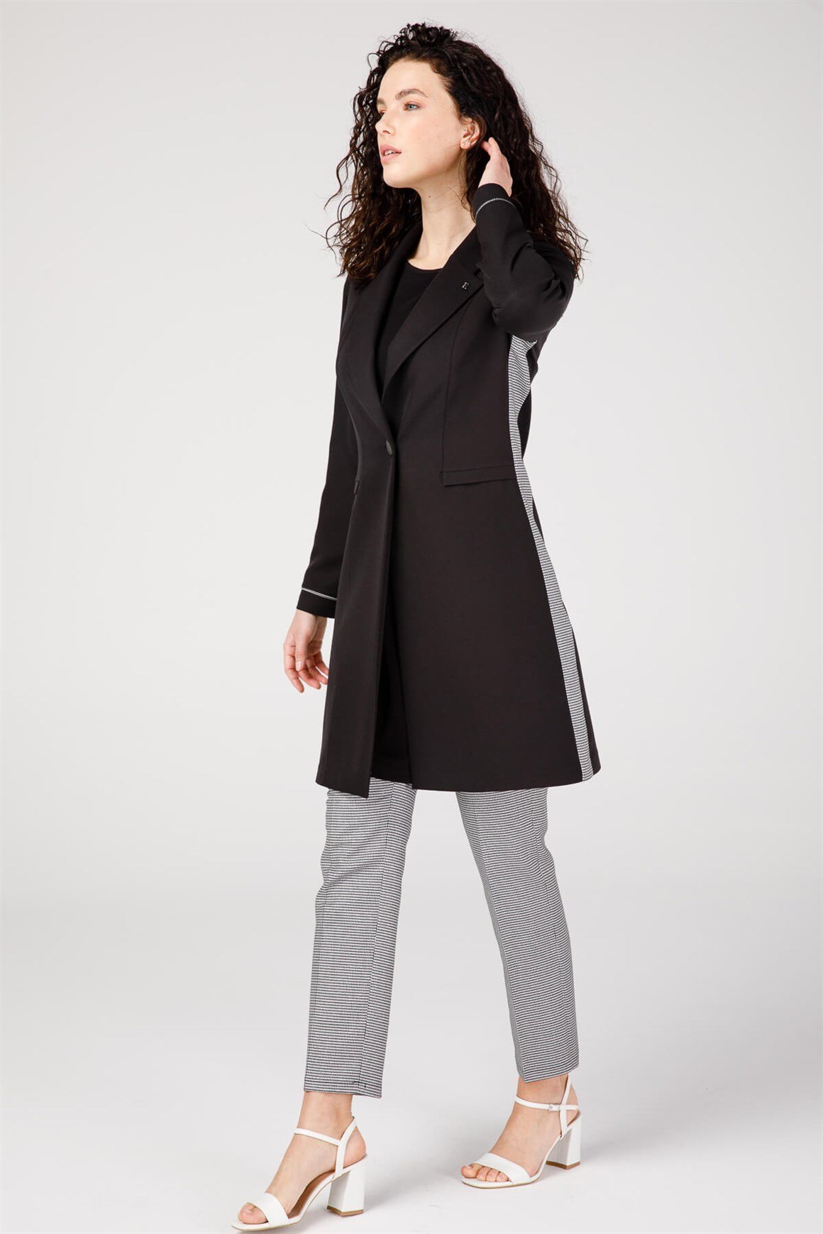 Erkek Yakalı Kaz Ayak Desen Kombinli Pantolon Ceket Takım  Siyah