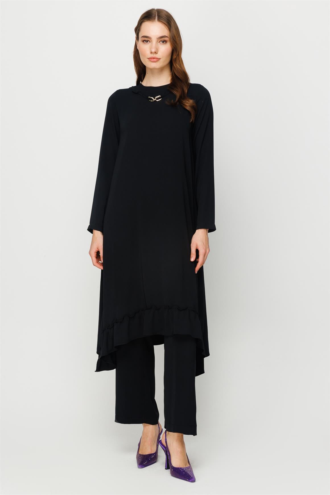 Eteği Büzgü Detaylı Tunik Pantolon Takım  Siyah