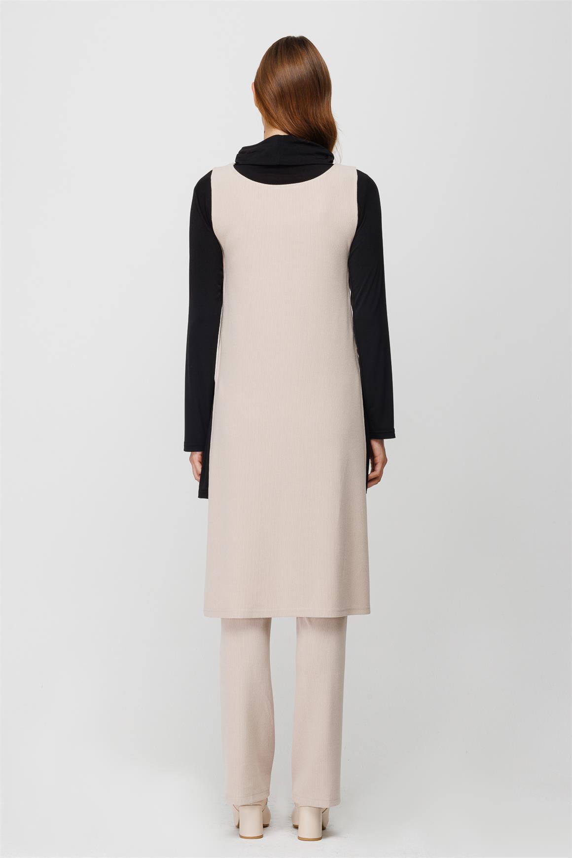 Fitilli Örme Kumaştan Yanları Pencere Detaylı Bluz Tunik Pantolon Kolye Takım  Taş · 5