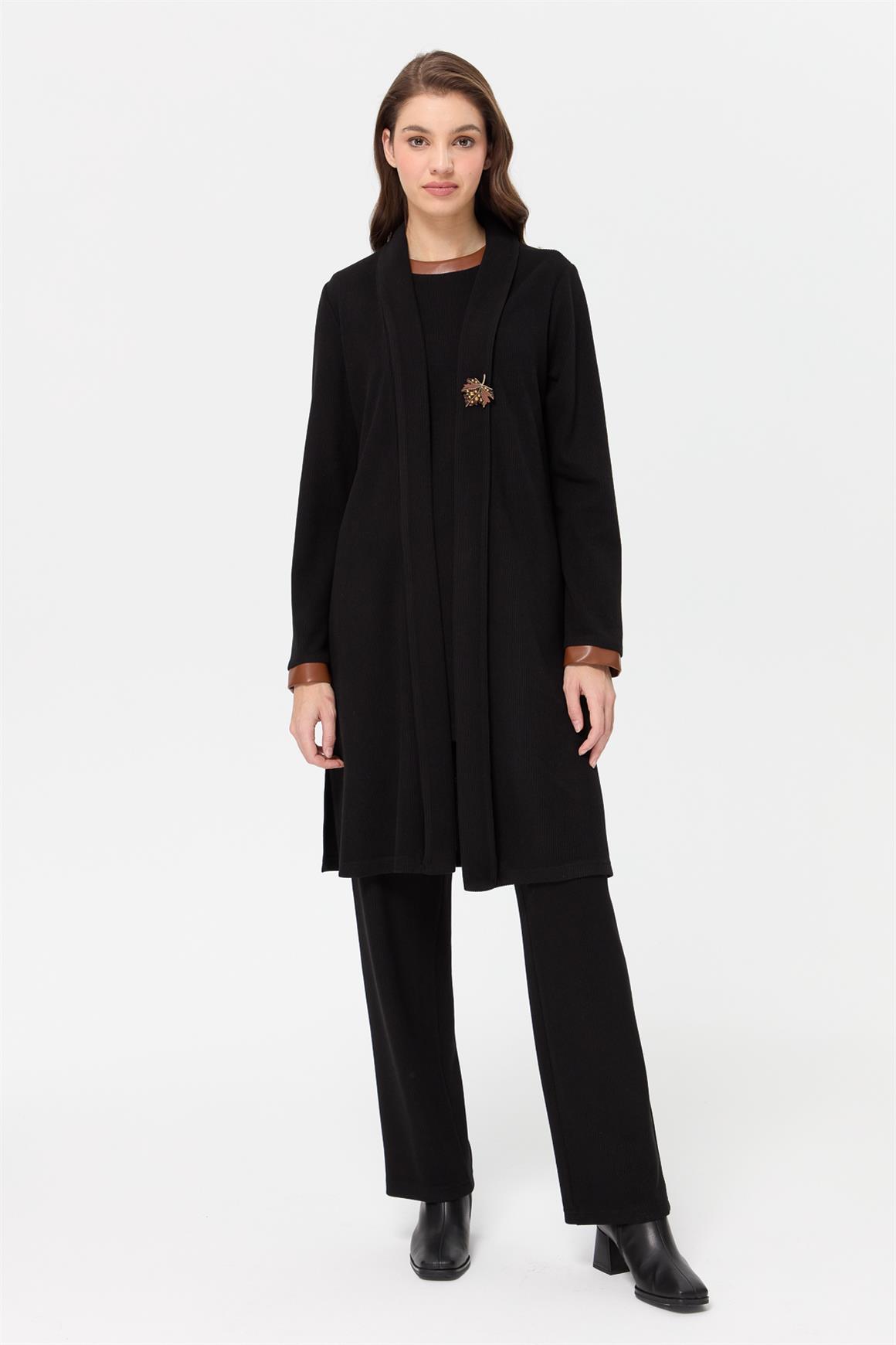 Triple Set Made of Corduroy Knitted Fabric - Black