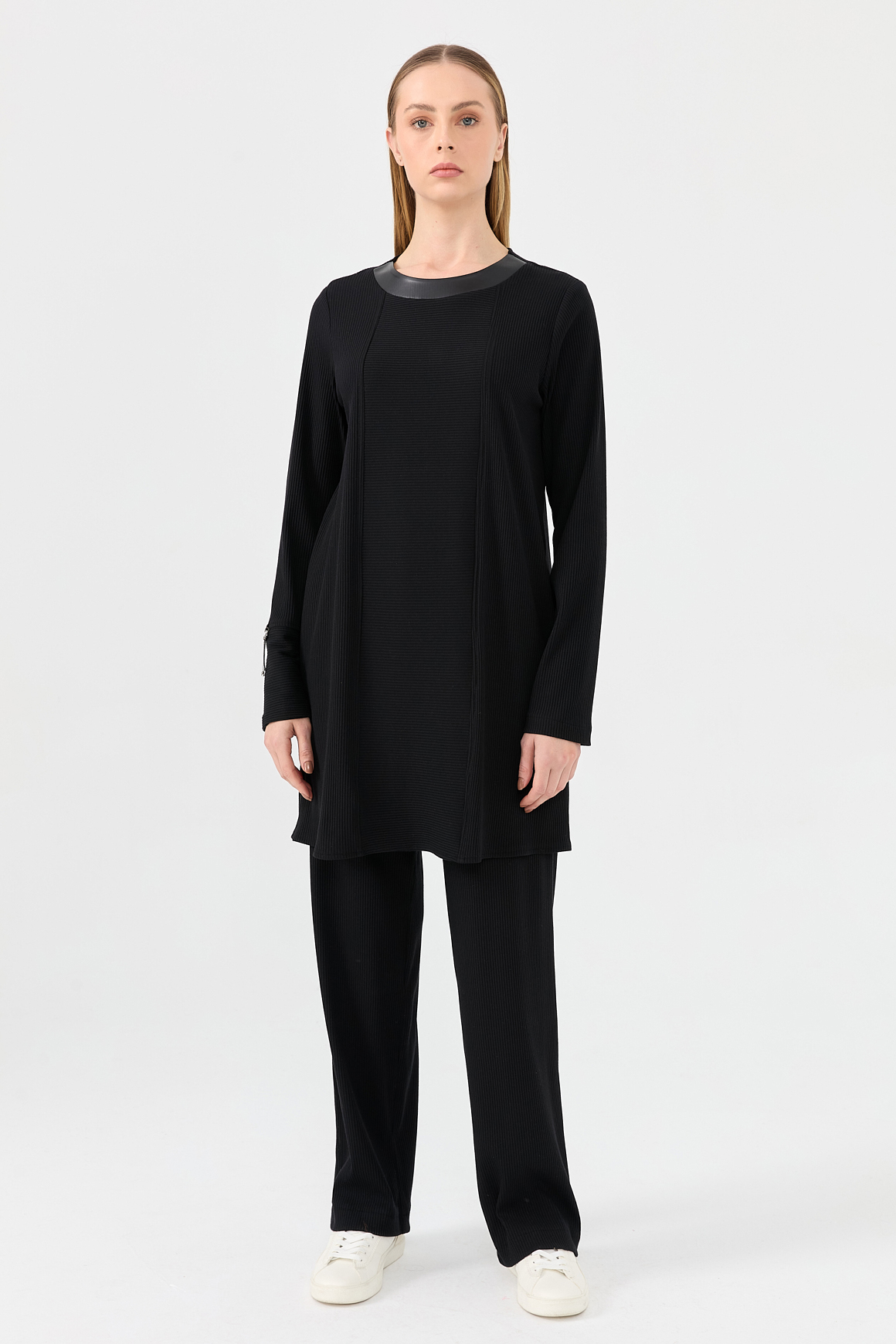 Fitilli Örme Kumaş Pantolonlu Takım  Siyah