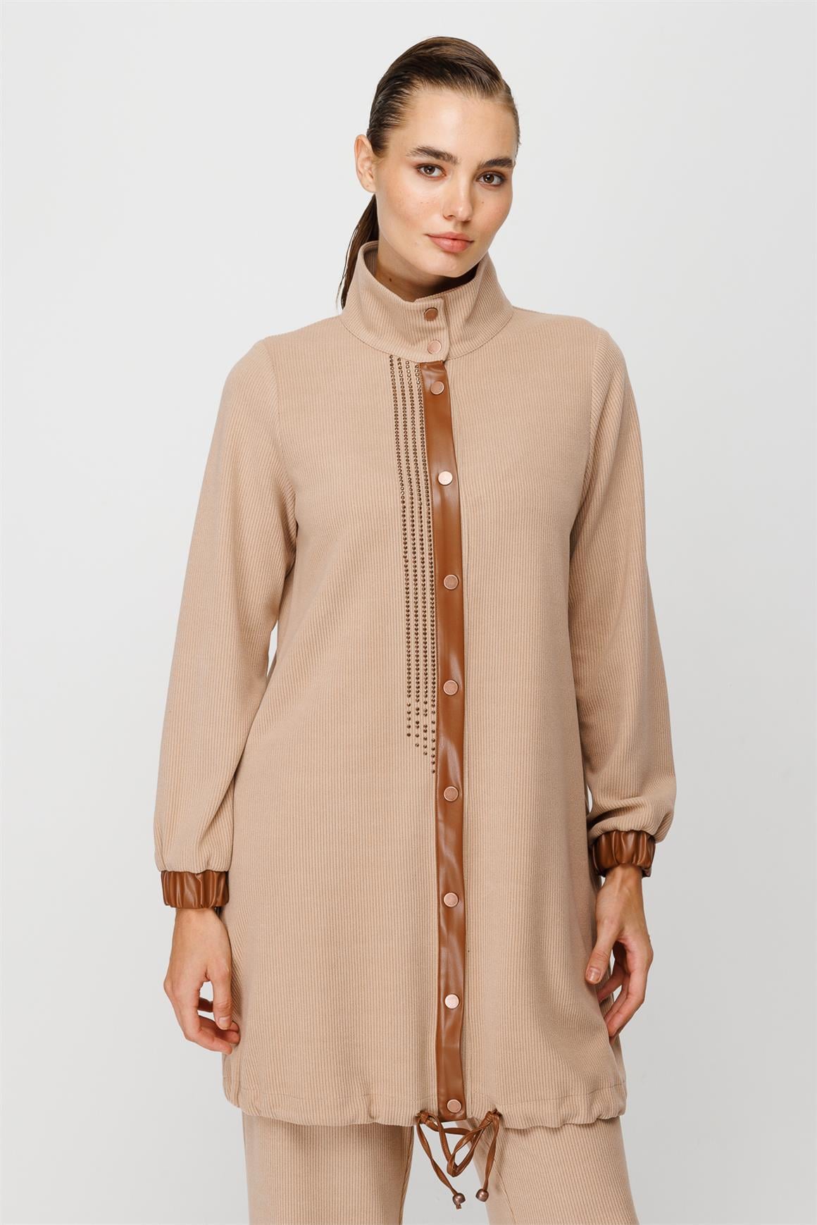 Fitilli Örme Kumaş Swarows Taş Detaylı Pantolon Giy Çık Takım  Vizon