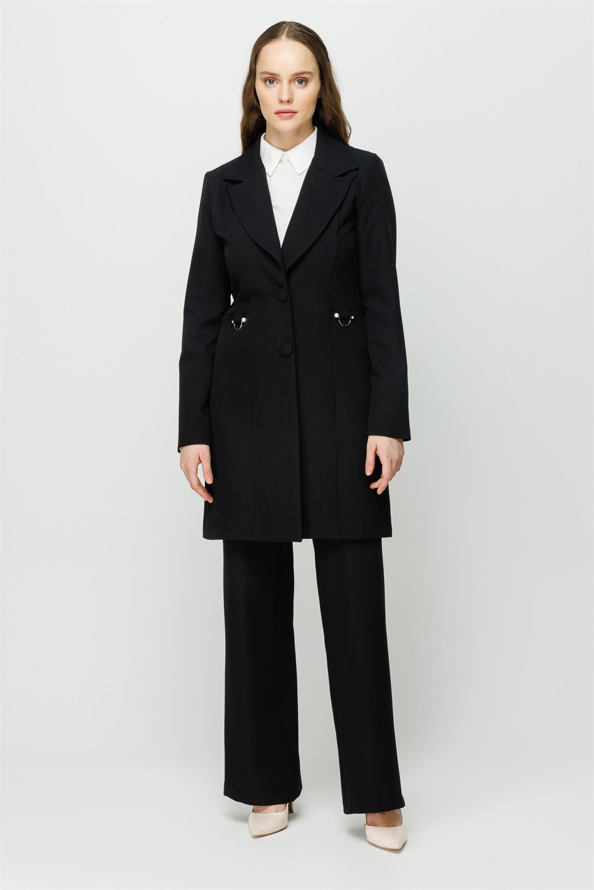 Pearl Accessory Detailed Trouser Jacket Set - Black