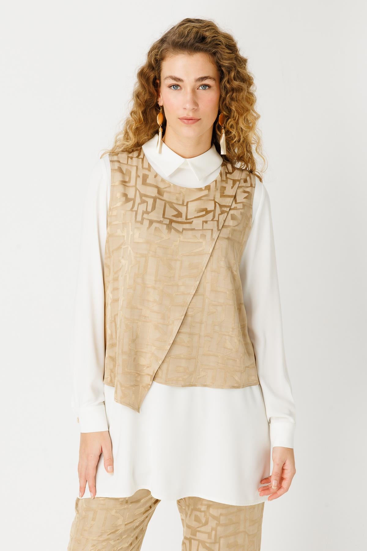 Jakar Kumaş Süveter Pantolon Bluzlu Takım  Camel