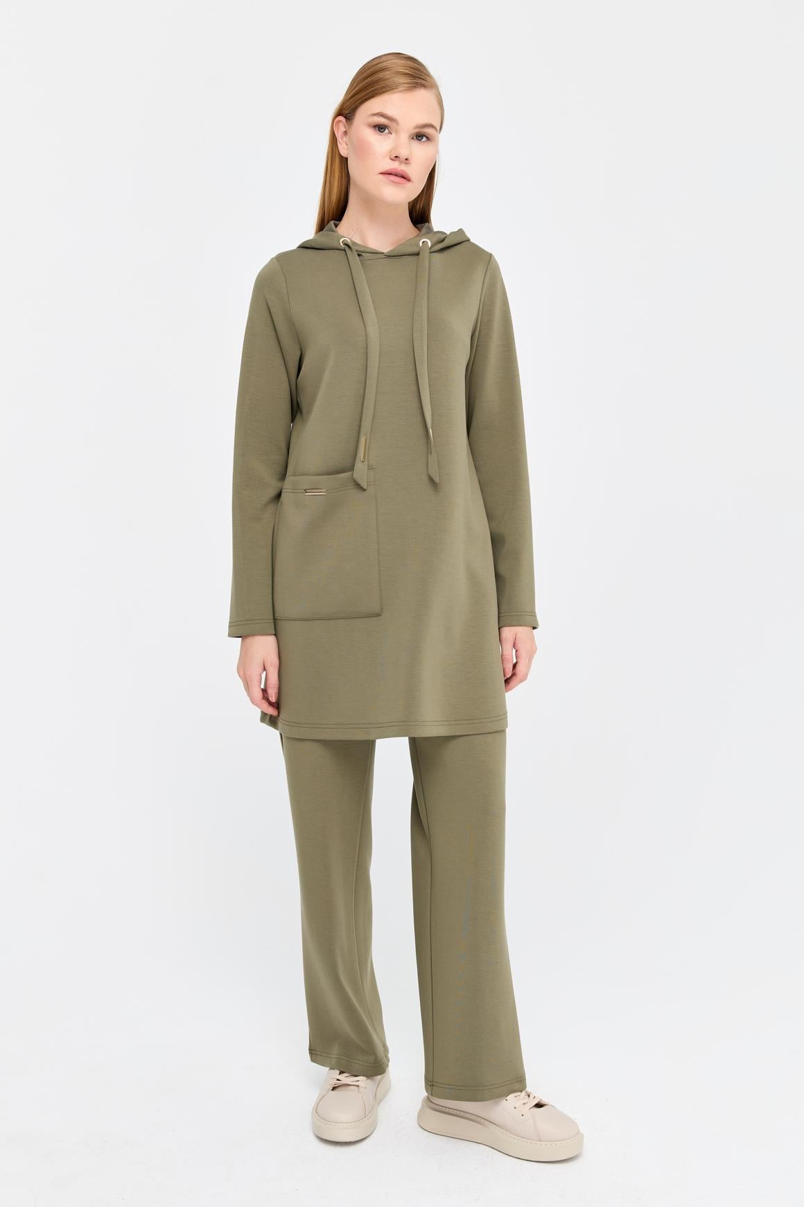 Hooded Pocket Detailed Oysh Tencel Fabric Trousers Suit - Khaki