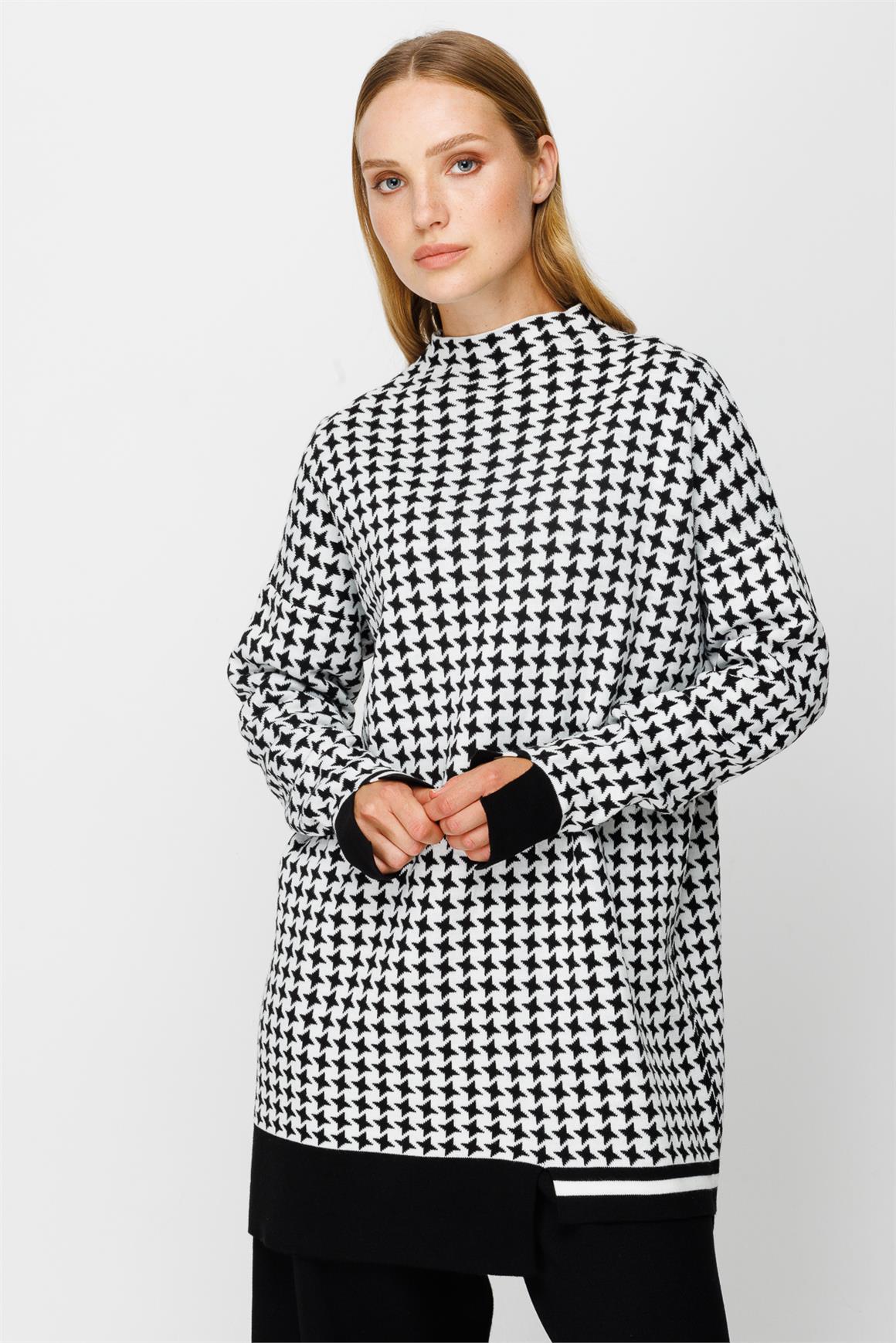 Kaz Ayağı Desenli Triko Pantolonlu Takım  Siyah