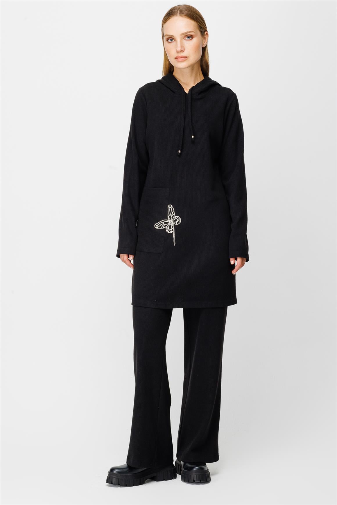 Kelebek Taş Detaylı Kapişonlu Pantolon Tunik Takım  Siyah