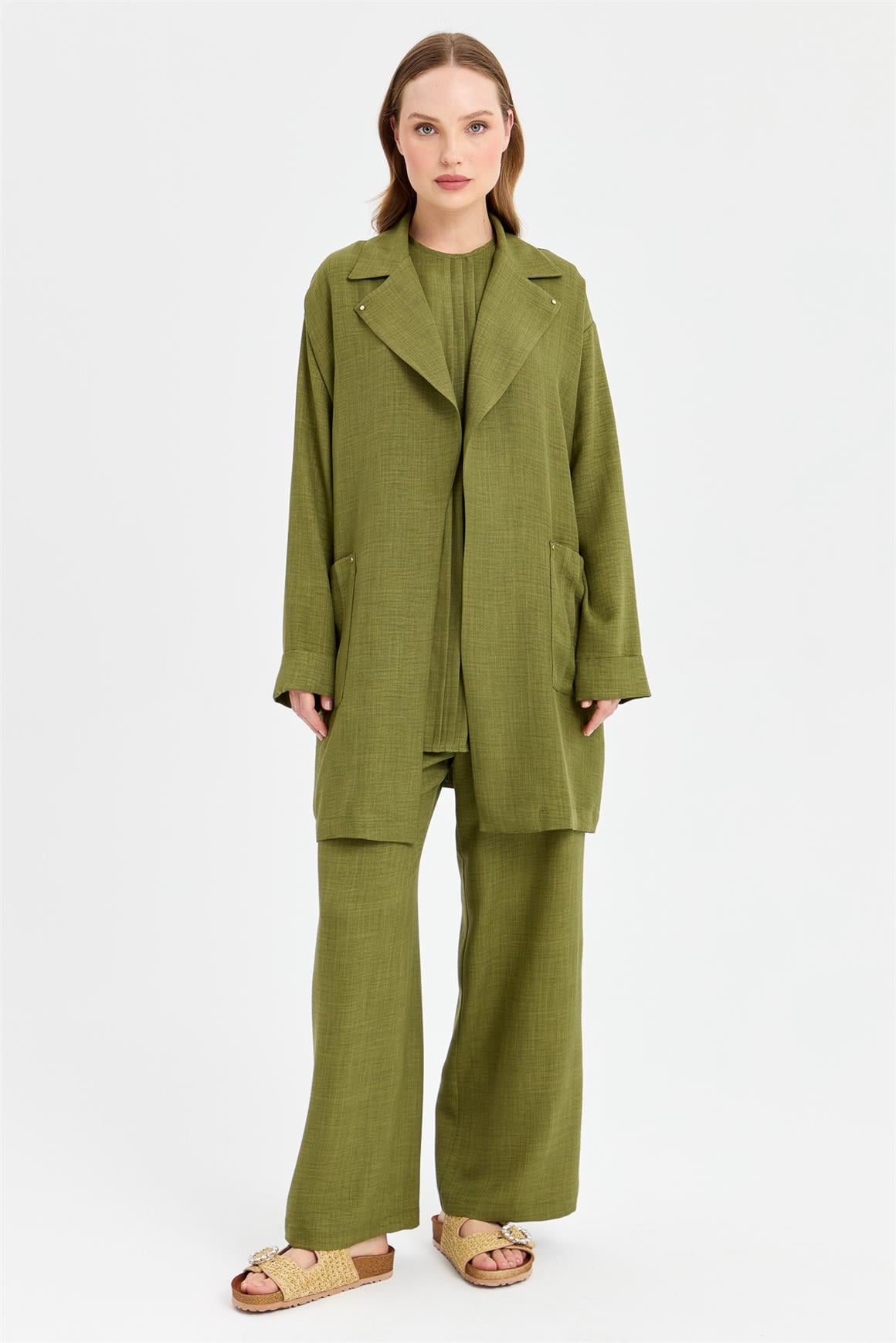 Ruched Detailed Blouse Jacket Trouser Set - Khaki