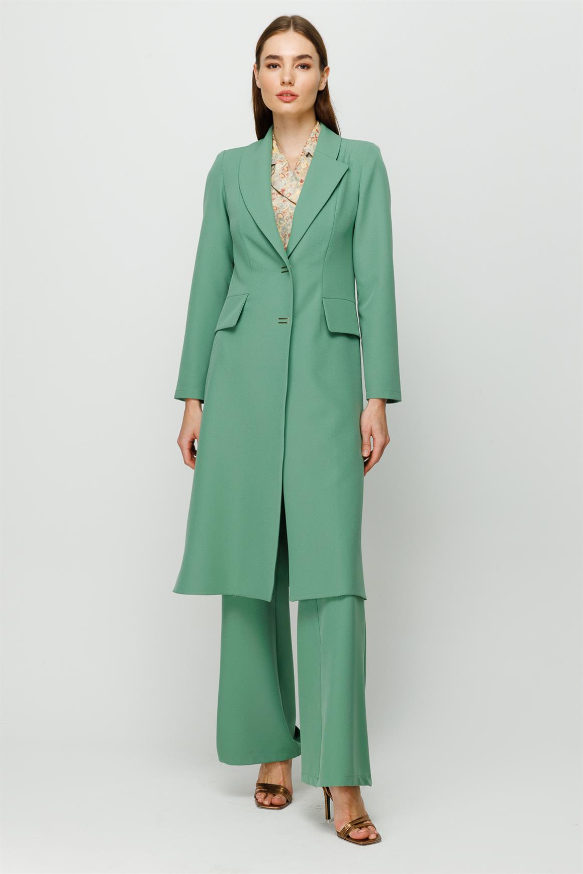Önden Çıt Çıt Kapamalı Uzun Ceket Pantolon Takım  Çağla