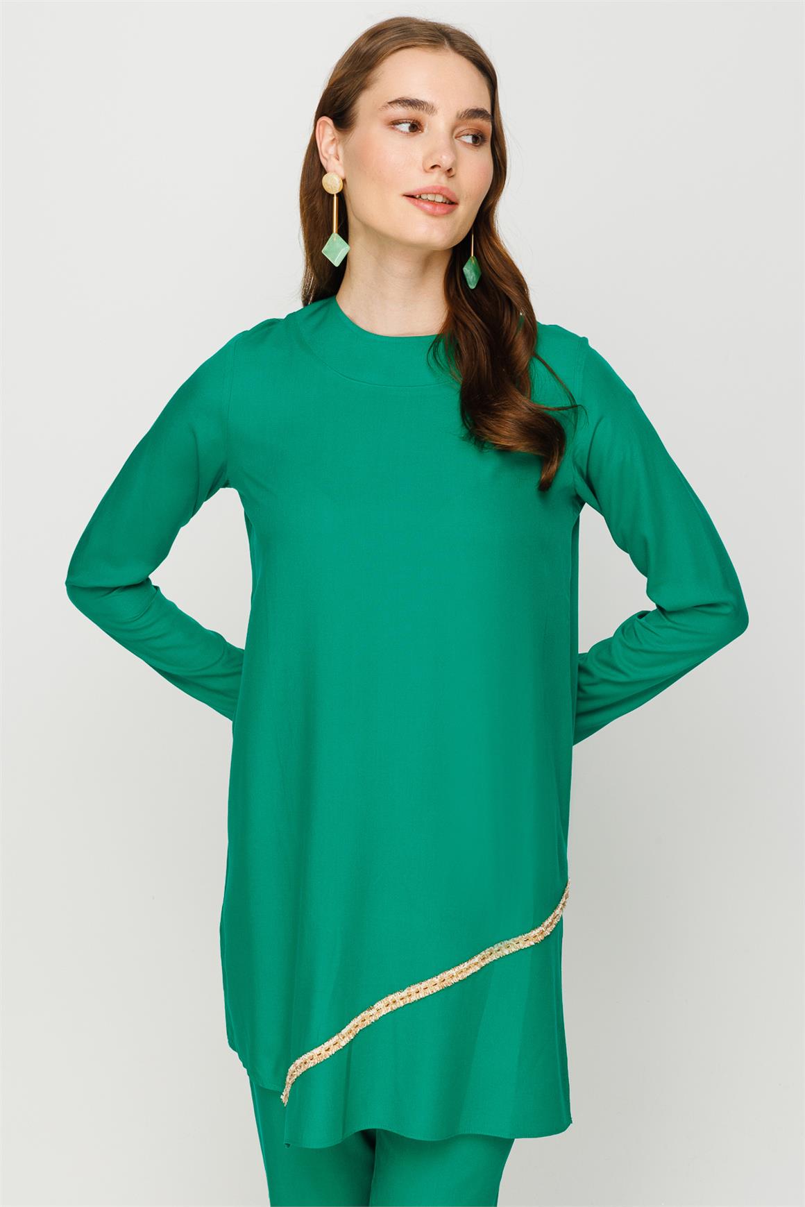 Önü Şerit Aksesuar Detaylı Pantolon Tunik Takım  Yeşil · 4