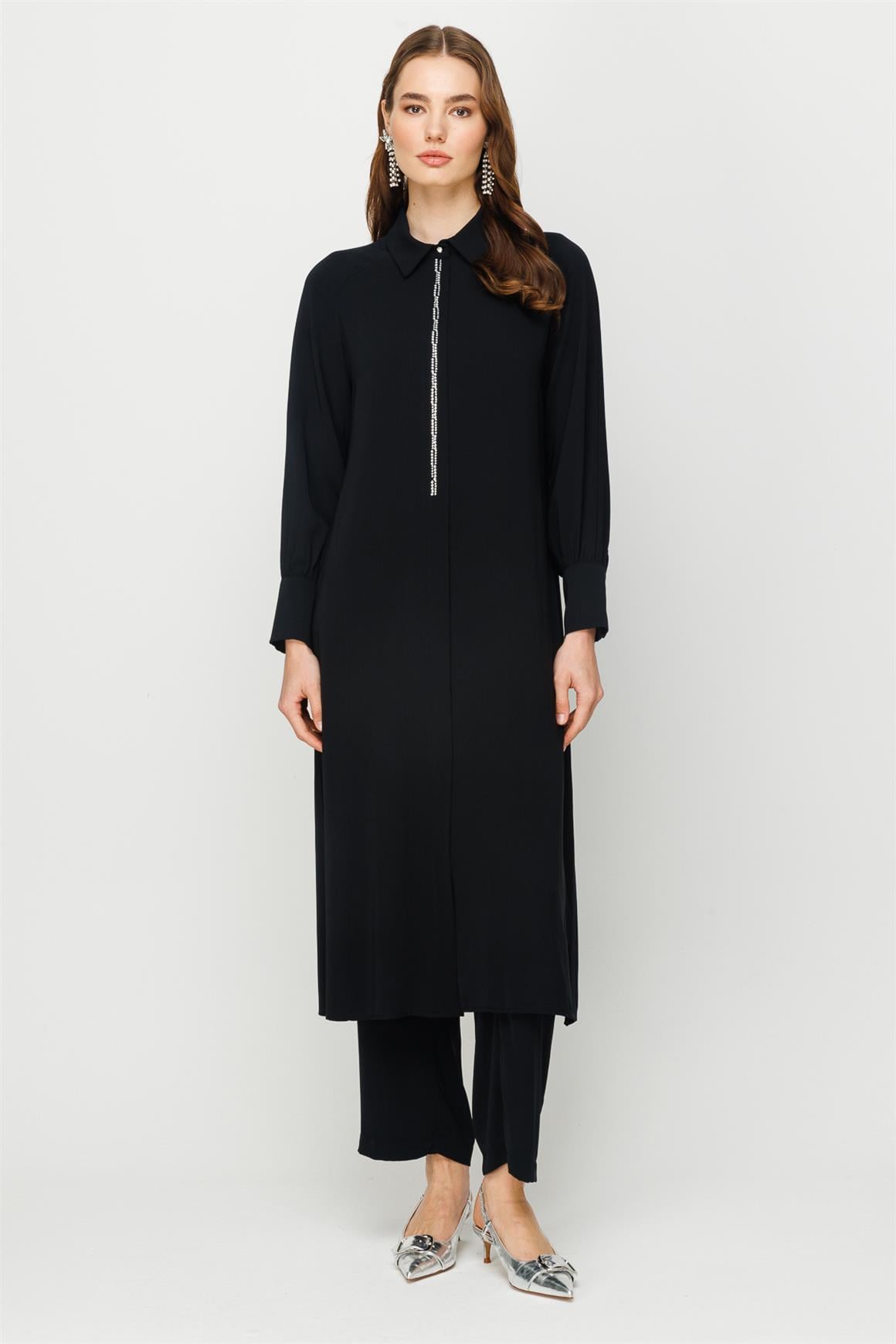 Önü Taş Detaylı Fermuar Kapamalı Uzun Tunik Pantolon Takım  Siyah