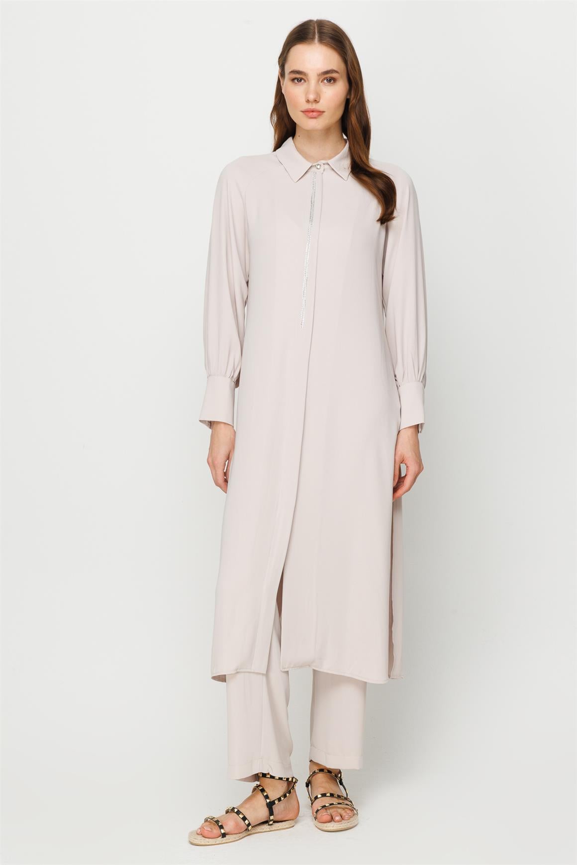 Önü Taş Detaylı Fermuar Kapamalı Uzun Tunik Pantolon Takım  Taş