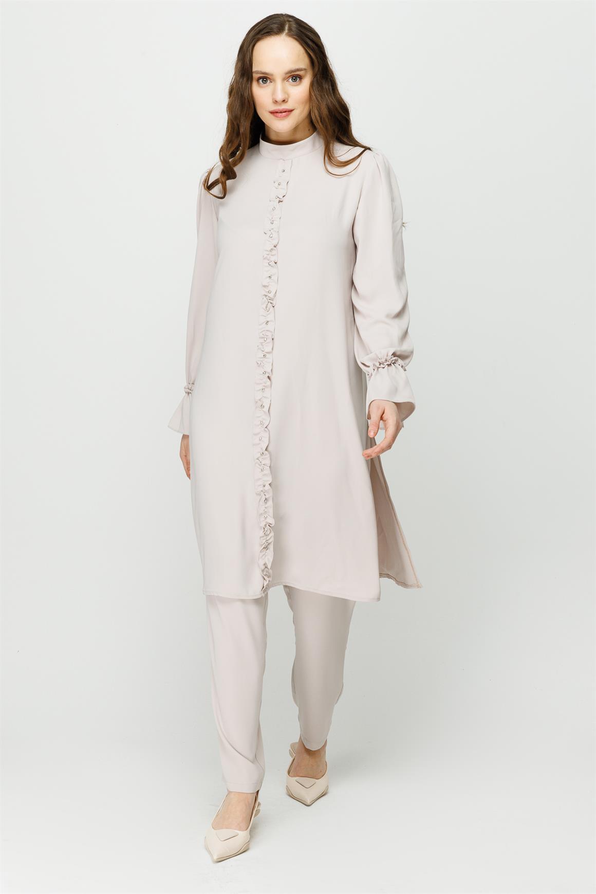 Önü ve Koları Büzdürme Detaylı Pantolon Tunik Takım  Taş · 3