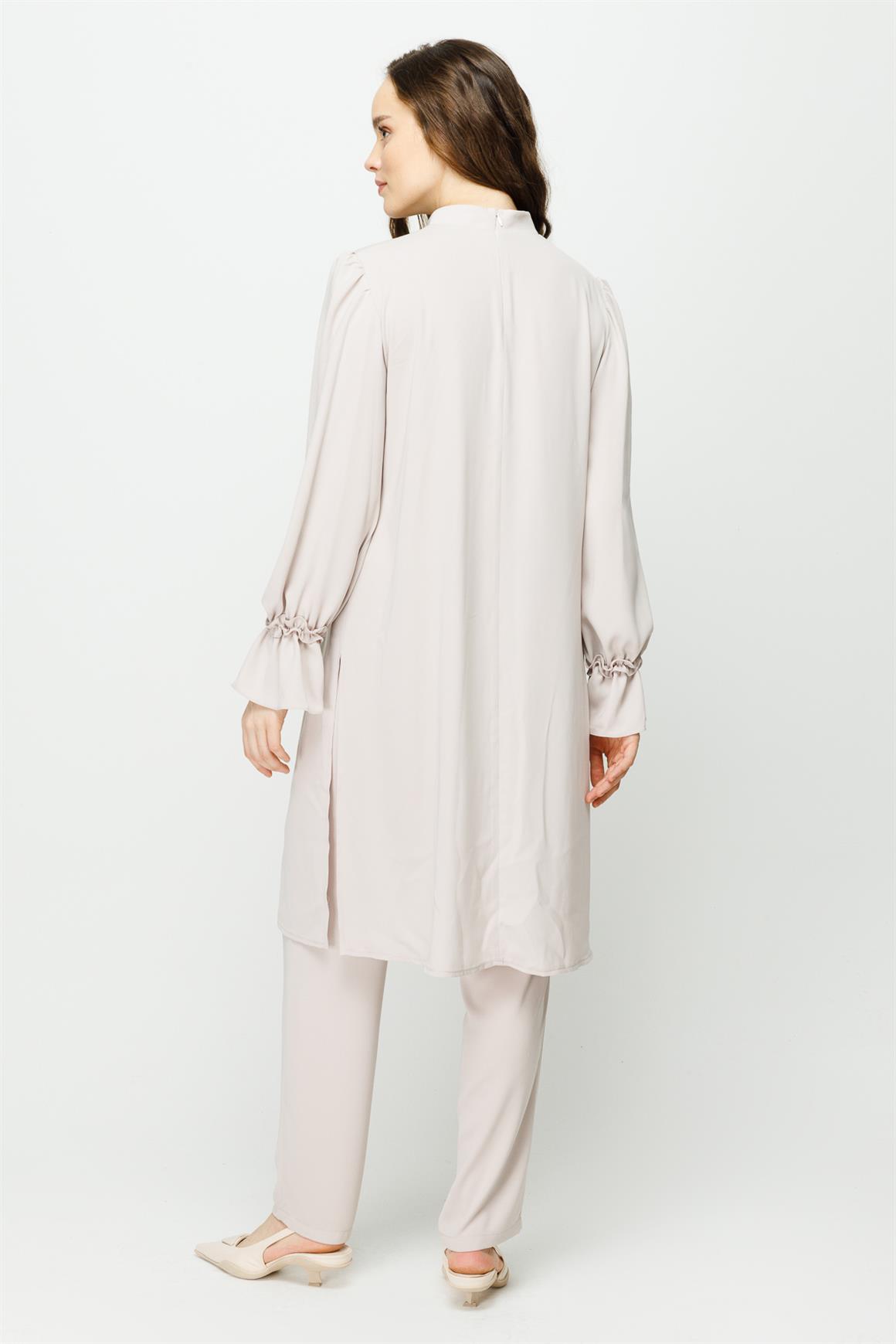 Önü ve Koları Büzdürme Detaylı Pantolon Tunik Takım  Taş · 5