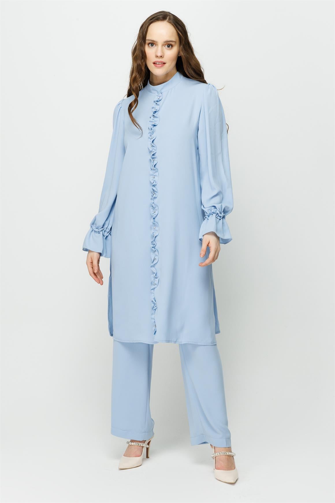 Önü ve Koları Büzdürme Detaylı Pantolon Tunik Takım  Mavi