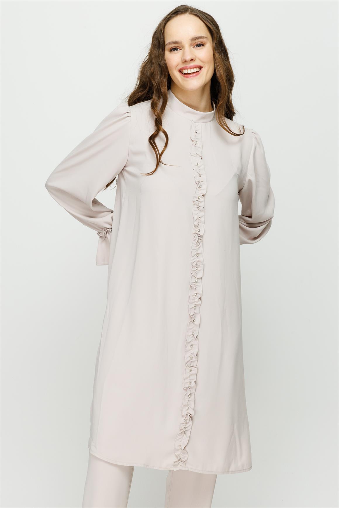 Önü ve Koları Büzdürme Detaylı Pantolon Tunik Takım  Taş · 4
