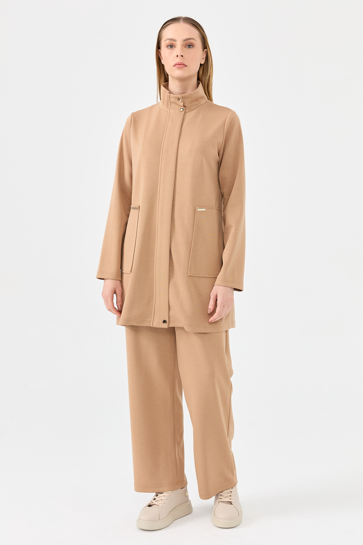Oysh Kumaş Pantolonlu Fermuar Kapamalı Takım  Camel