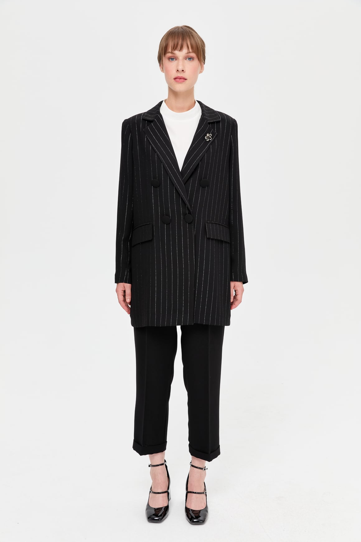 Glitter Striped Fabric Trousers Set - Black