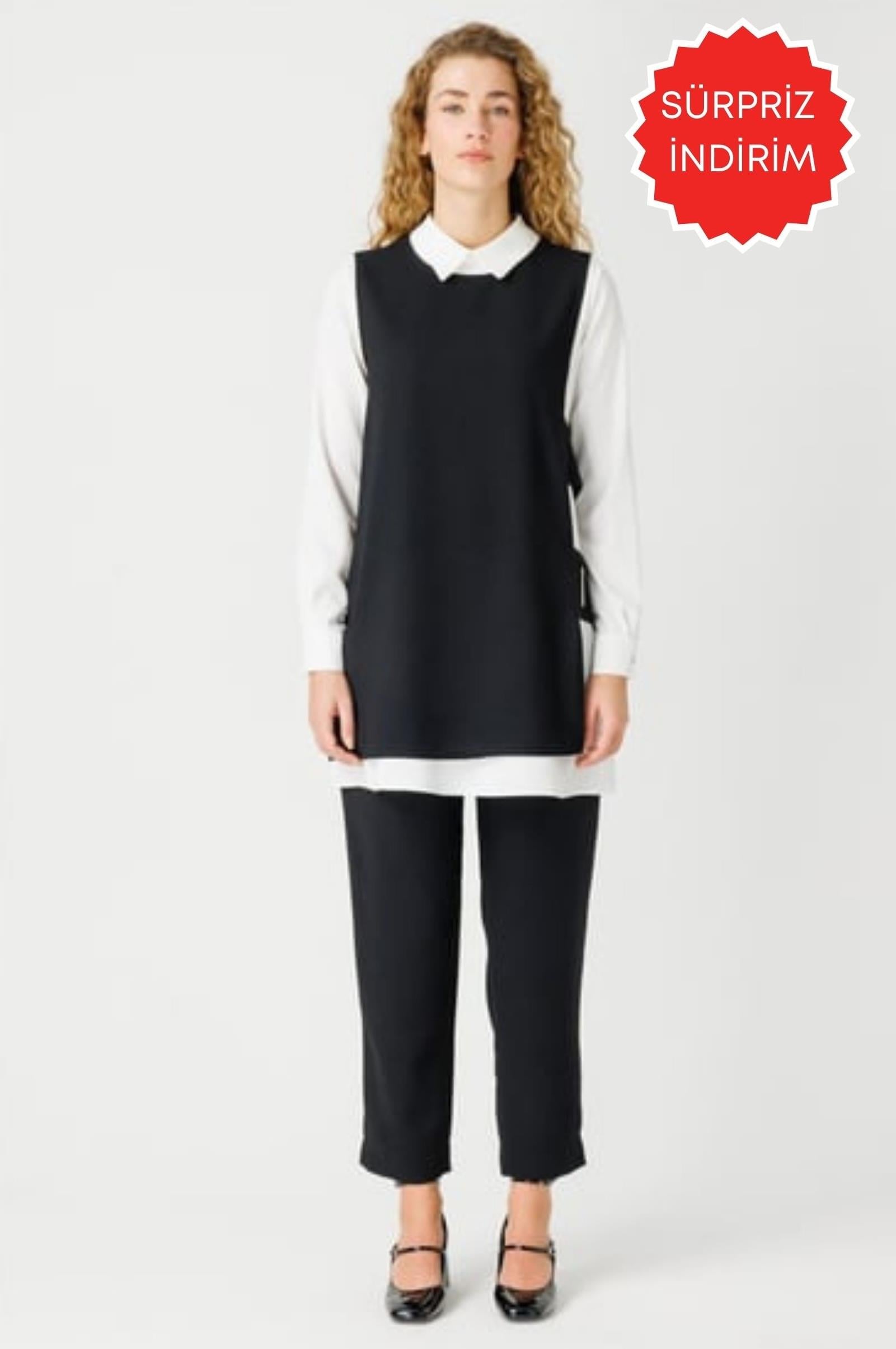 Pencere Detaylı Süveter Tunik Pantolon Takım  Siyah
