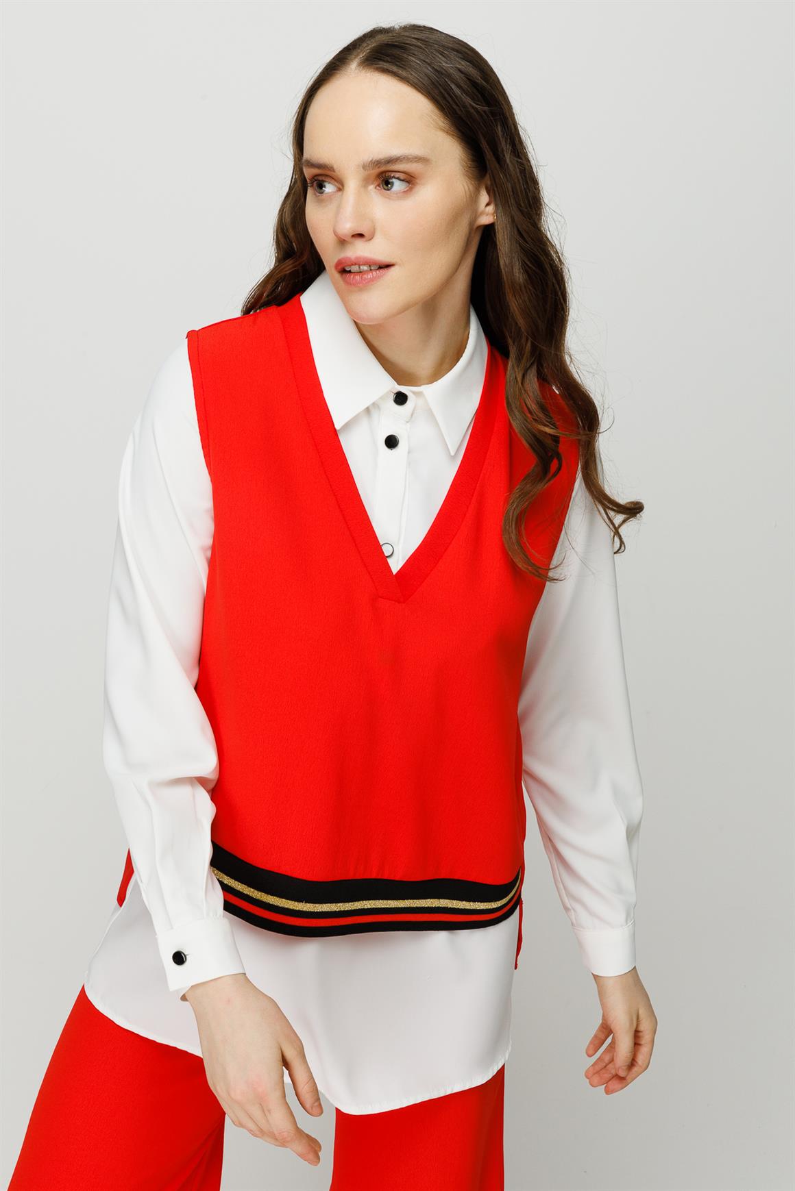 Ribana Detaylı Bluz Tunik Pantolon Takım  Mercan · 3