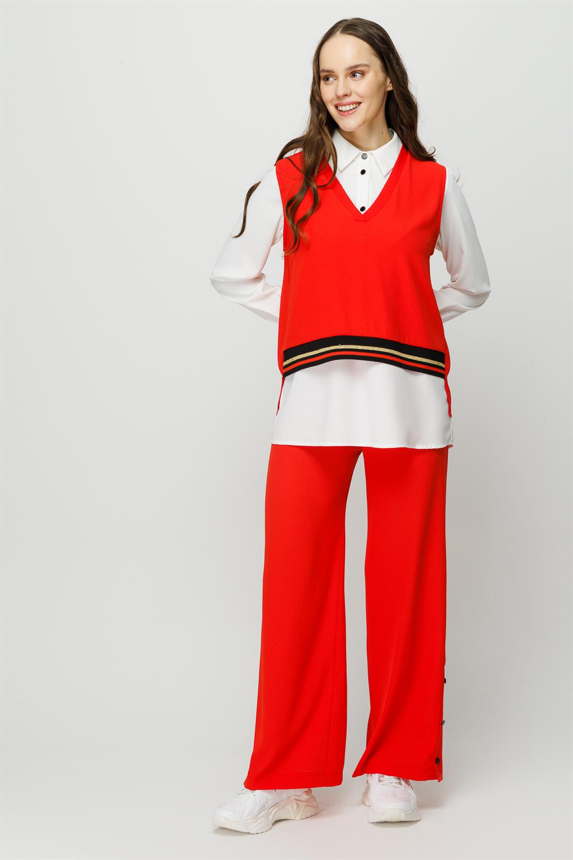 Ribana Detaylı Bluz Tunik Pantolon Takım  Mercan · 4
