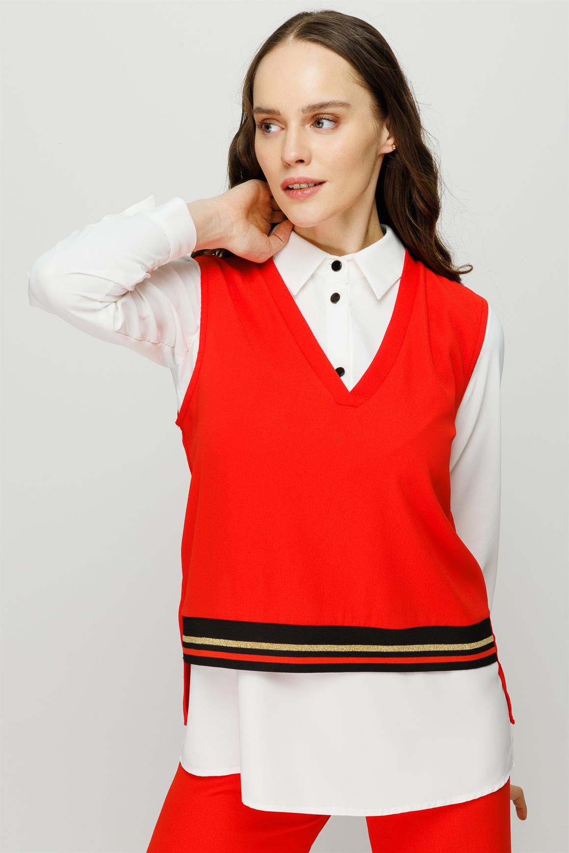 Ribana Detaylı Bluz Tunik Pantolon Takım  Mercan · 5