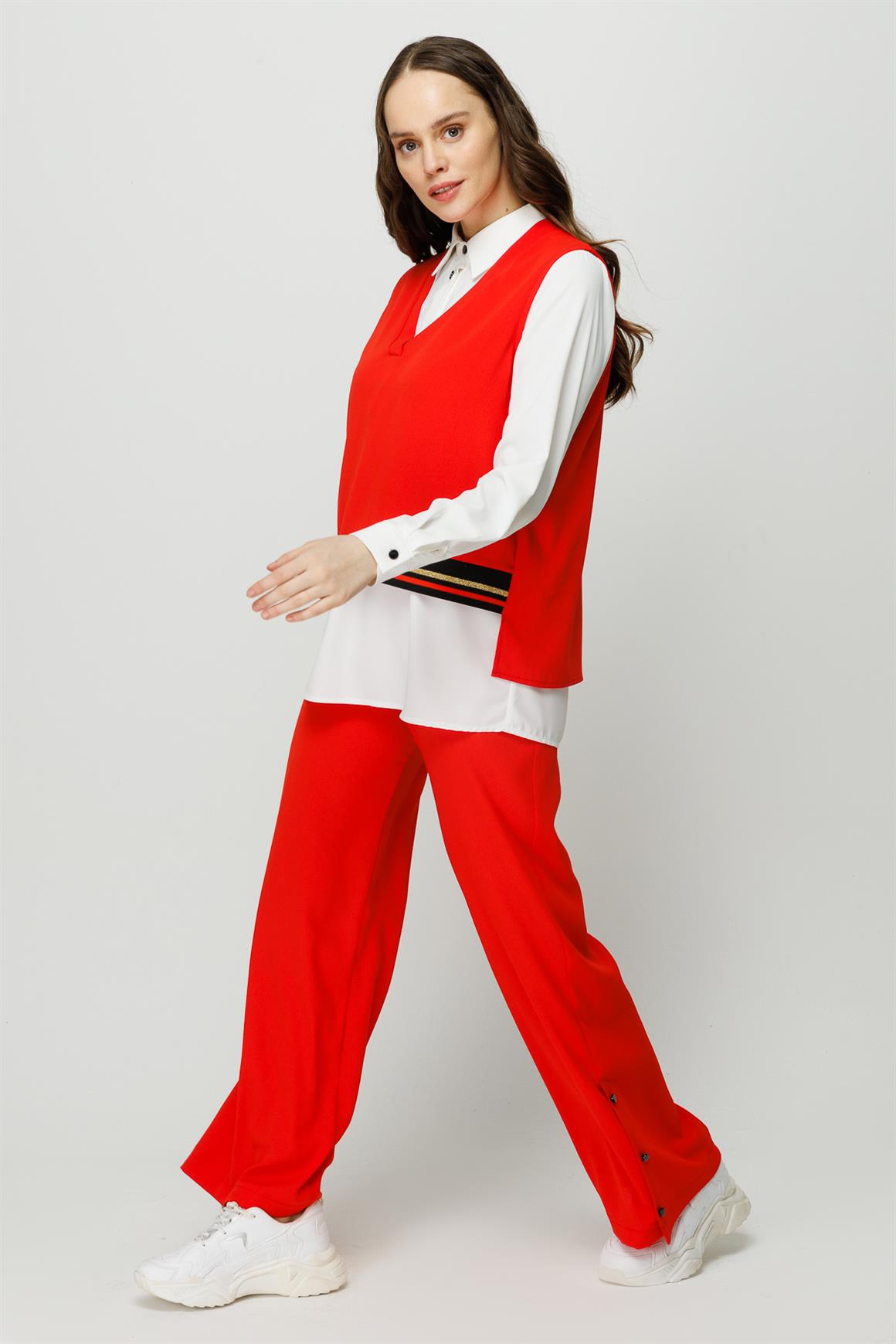 Ribana Detaylı Bluz Tunik Pantolon Takım  Mercan · 2
