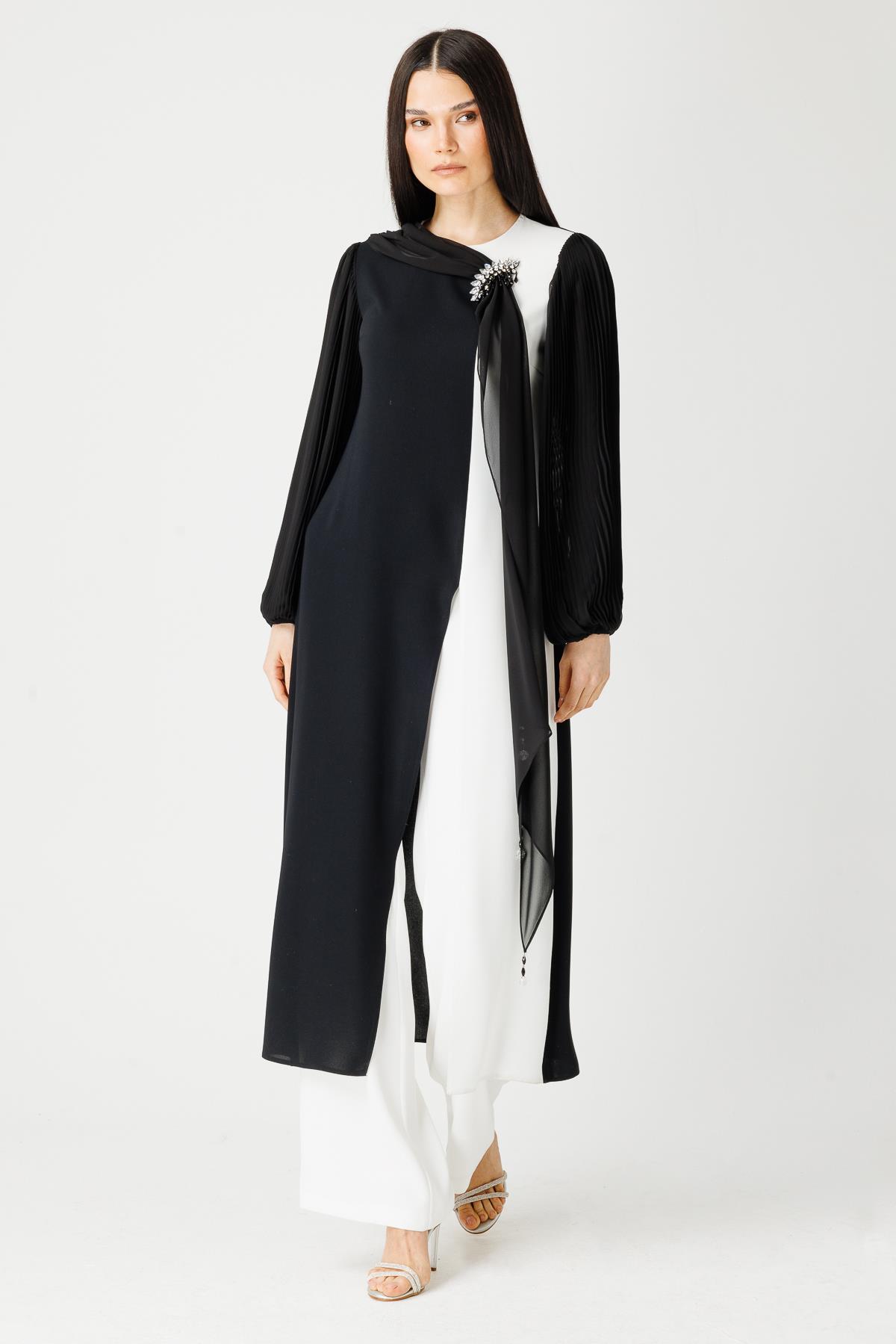 Shawl Detailed Front Slit Pleated Sleeve Trousers Suit - Ecru