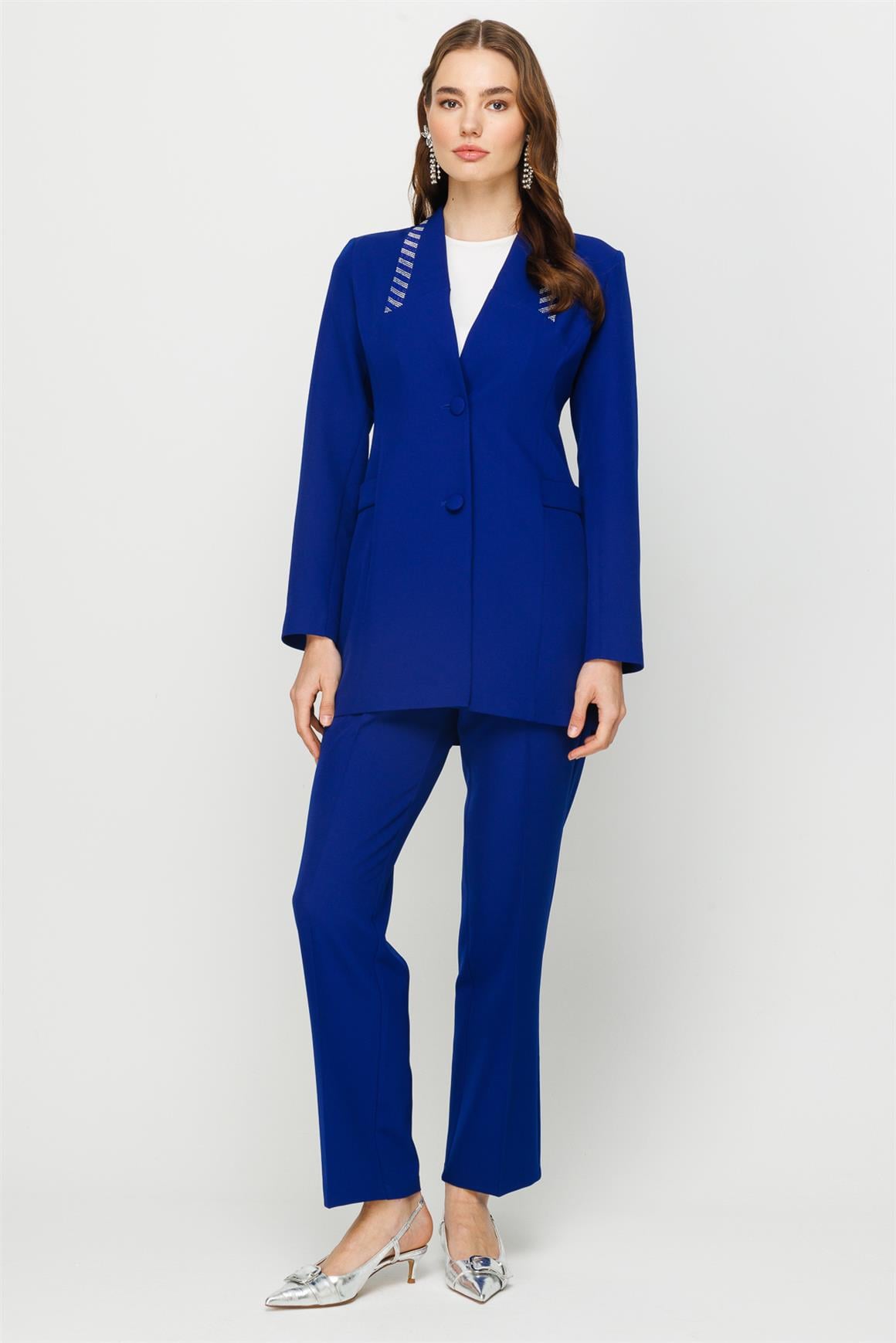 Taş Yapıştırma Detaylı Spor Ceket Pantolon Takım  Saks