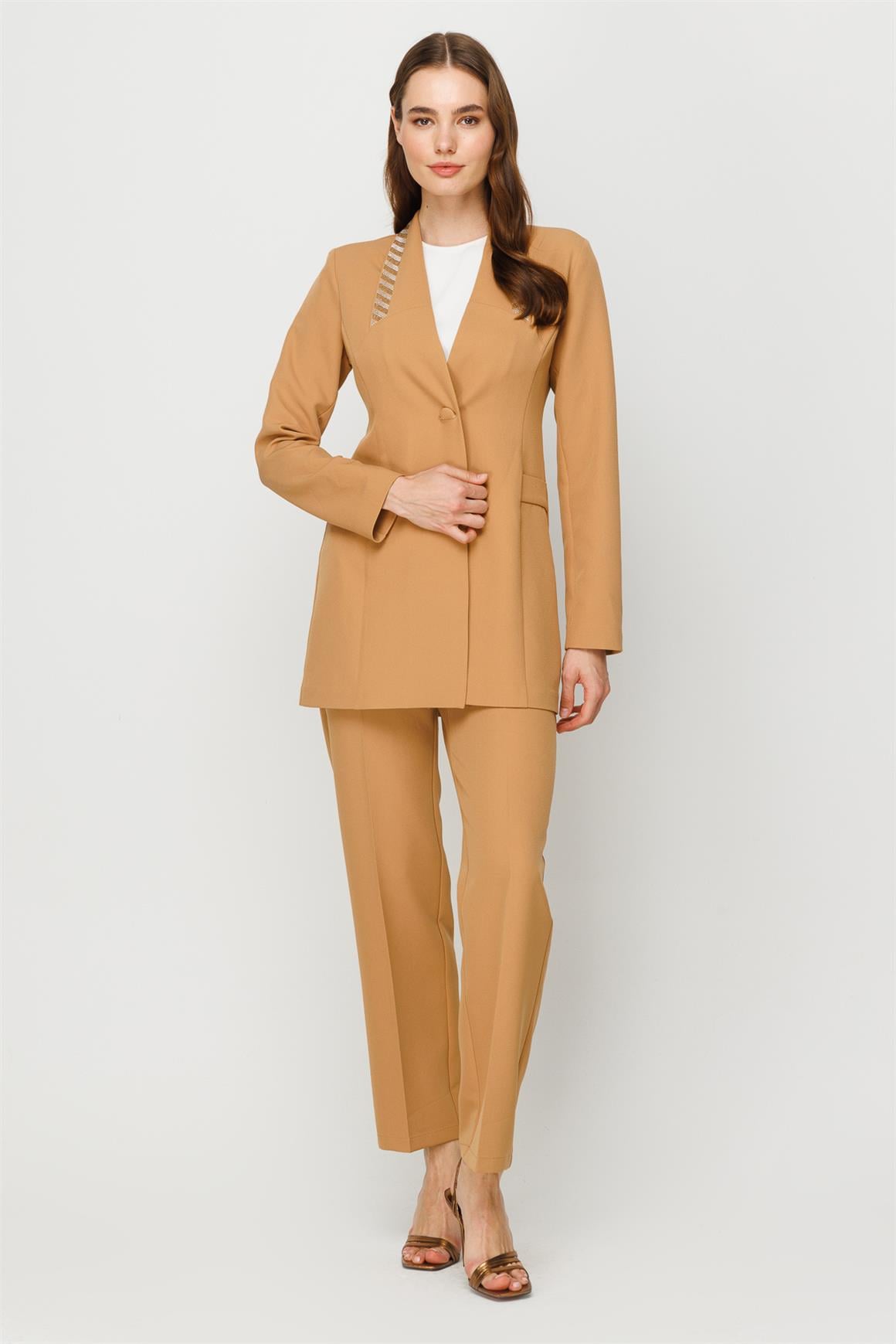 Taş Yapıştırma Detaylı Spor Ceket Pantolon Takım  Camel