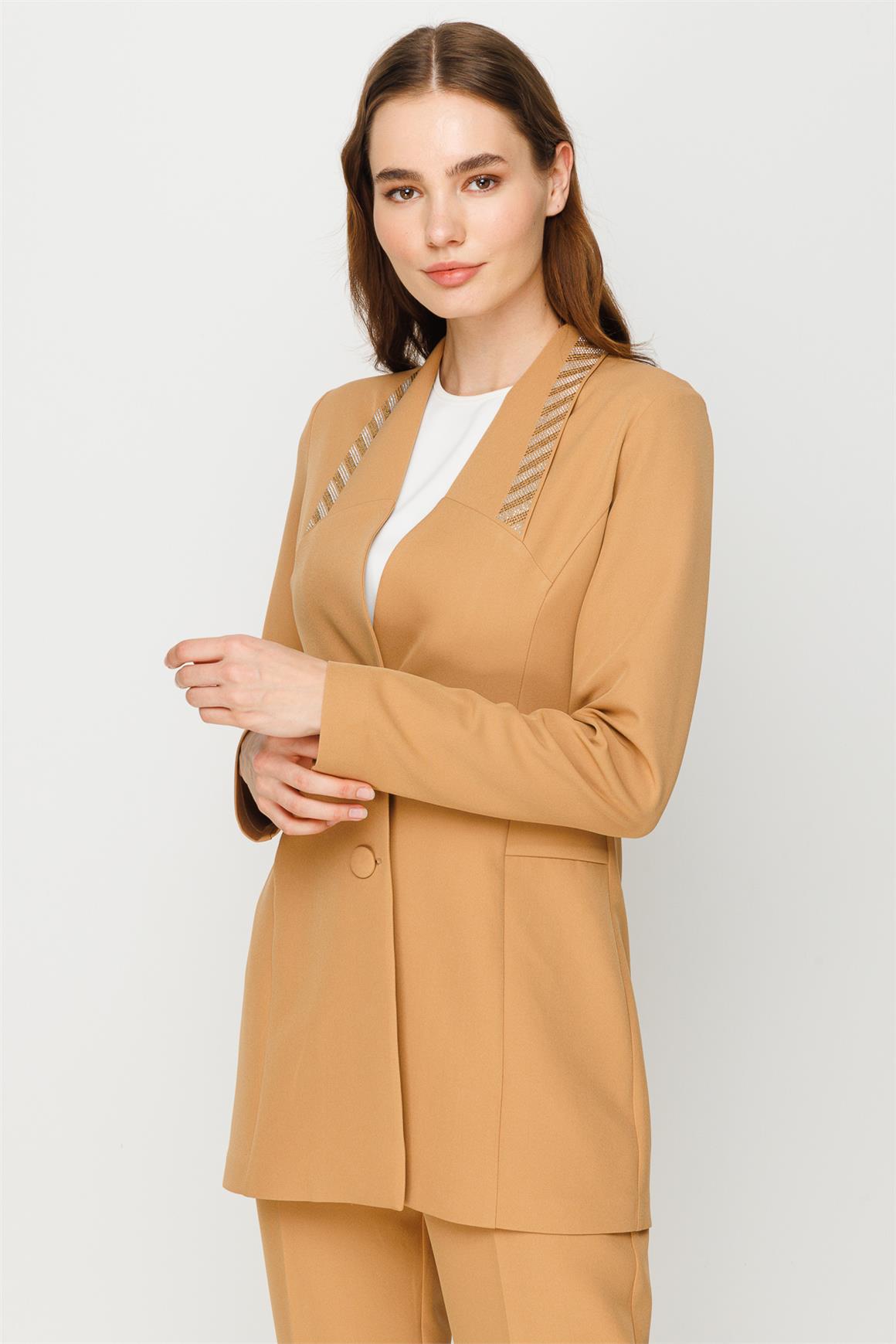 Taş Yapıştırma Detaylı Spor Ceket Pantolon Takım  Camel · 4
