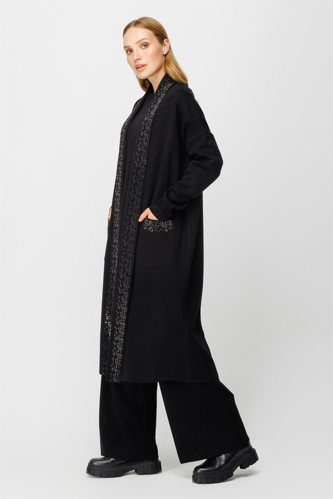 Taş Yapıştırmalı Şal Yaka Üçlü Takım  Siyah