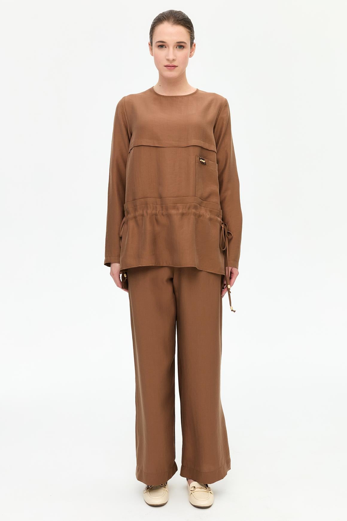 Tencel Kumaş Tunik Pantolon Takım  Kahve