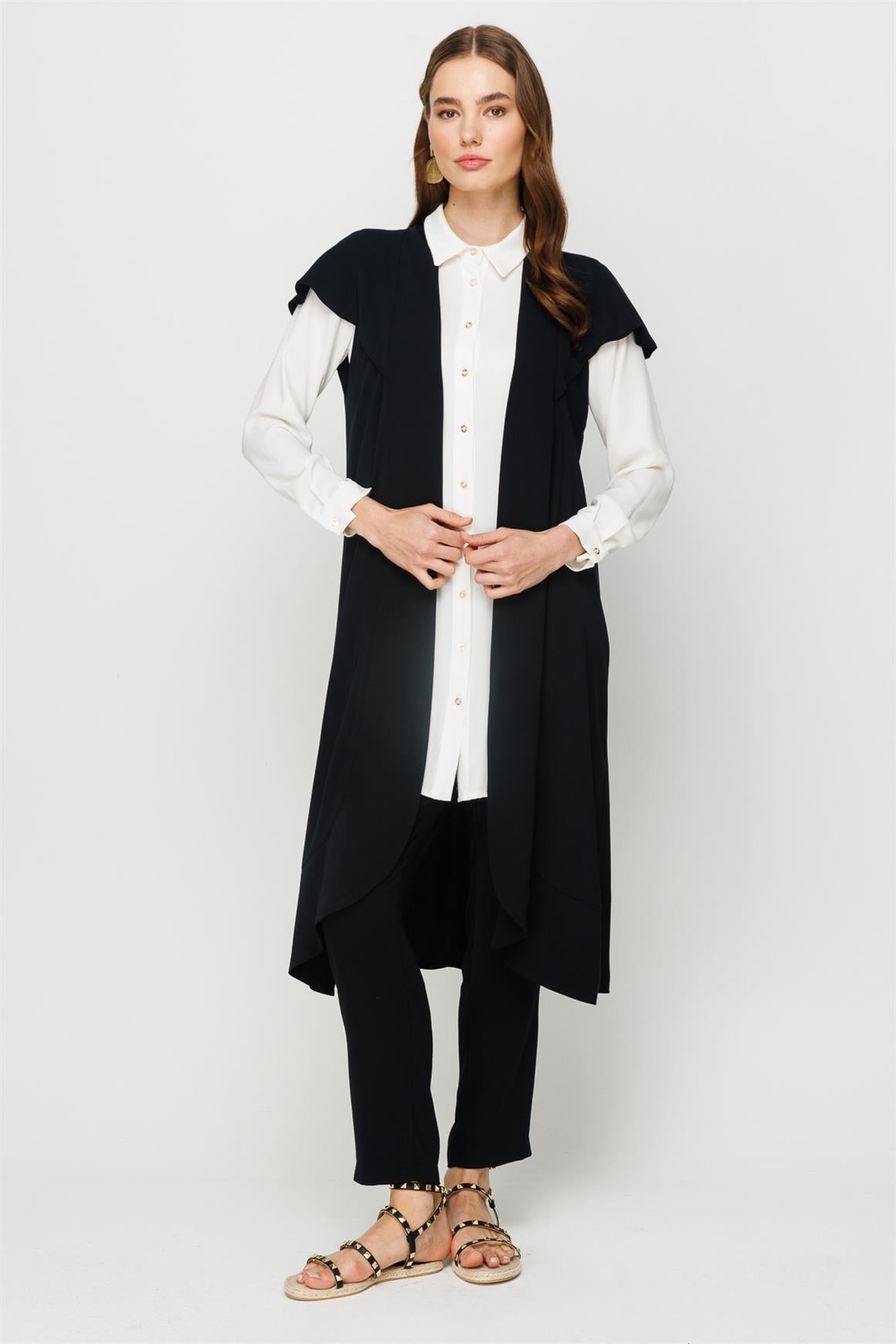 Tırnak Kol Yelekli Tunik Pantolon Yelek Takım  Siyah