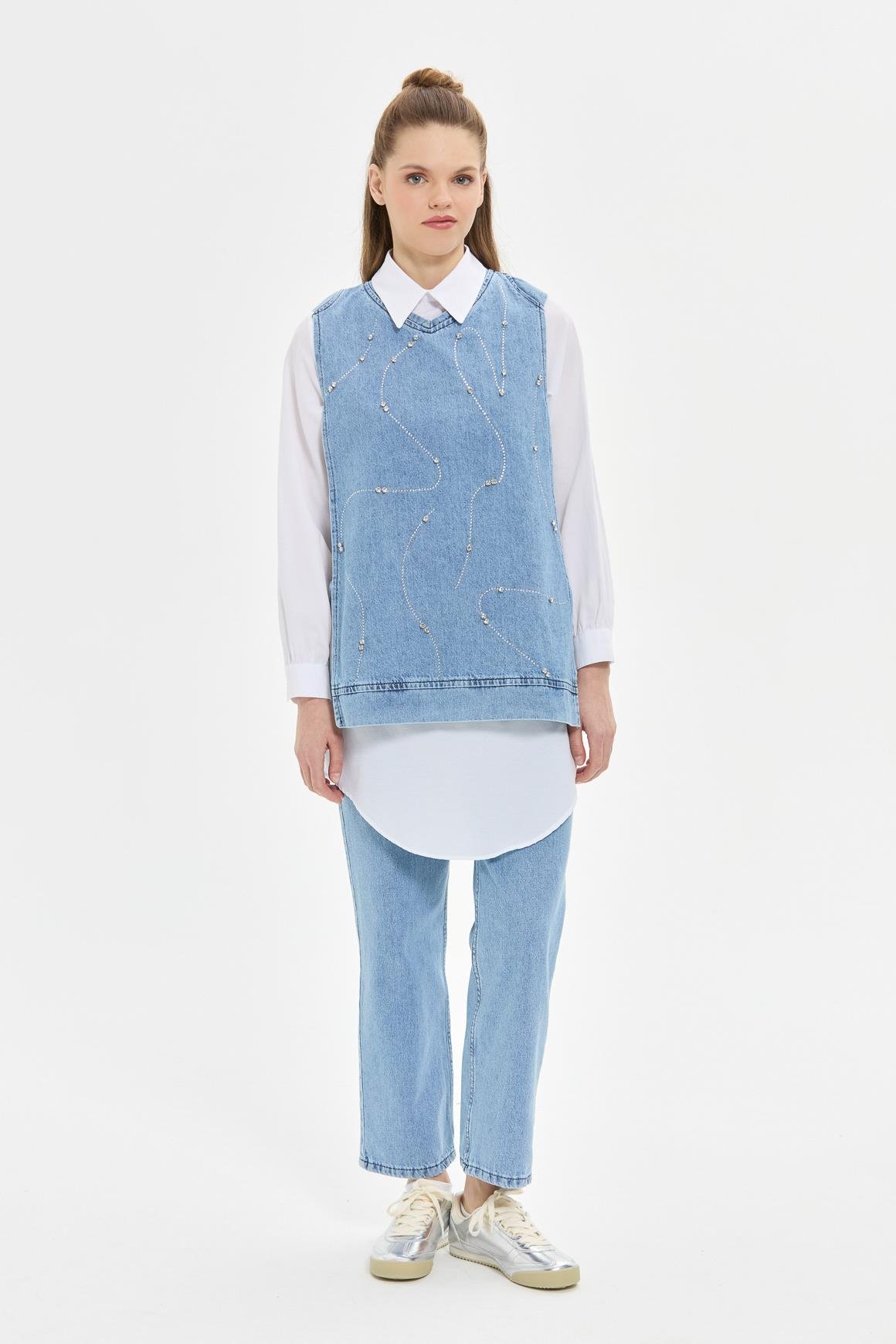 Üç Parçalı Kot Takım  Mavi