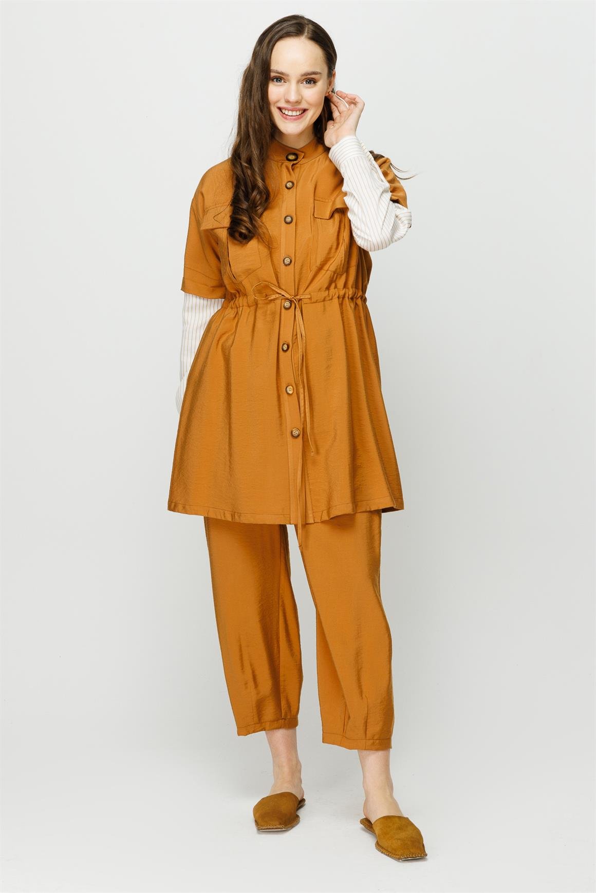 Viskon Kumaş Safari Ceket Pantolon Takım  Taba