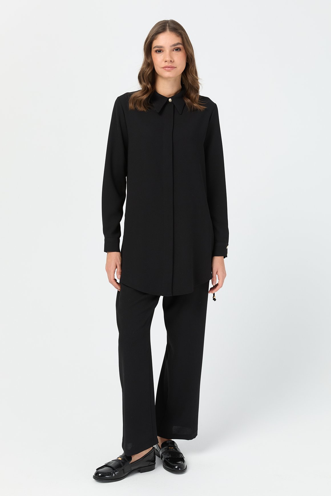 Yandan Büzgü Detaylı Pantolonlu Takım  Siyah