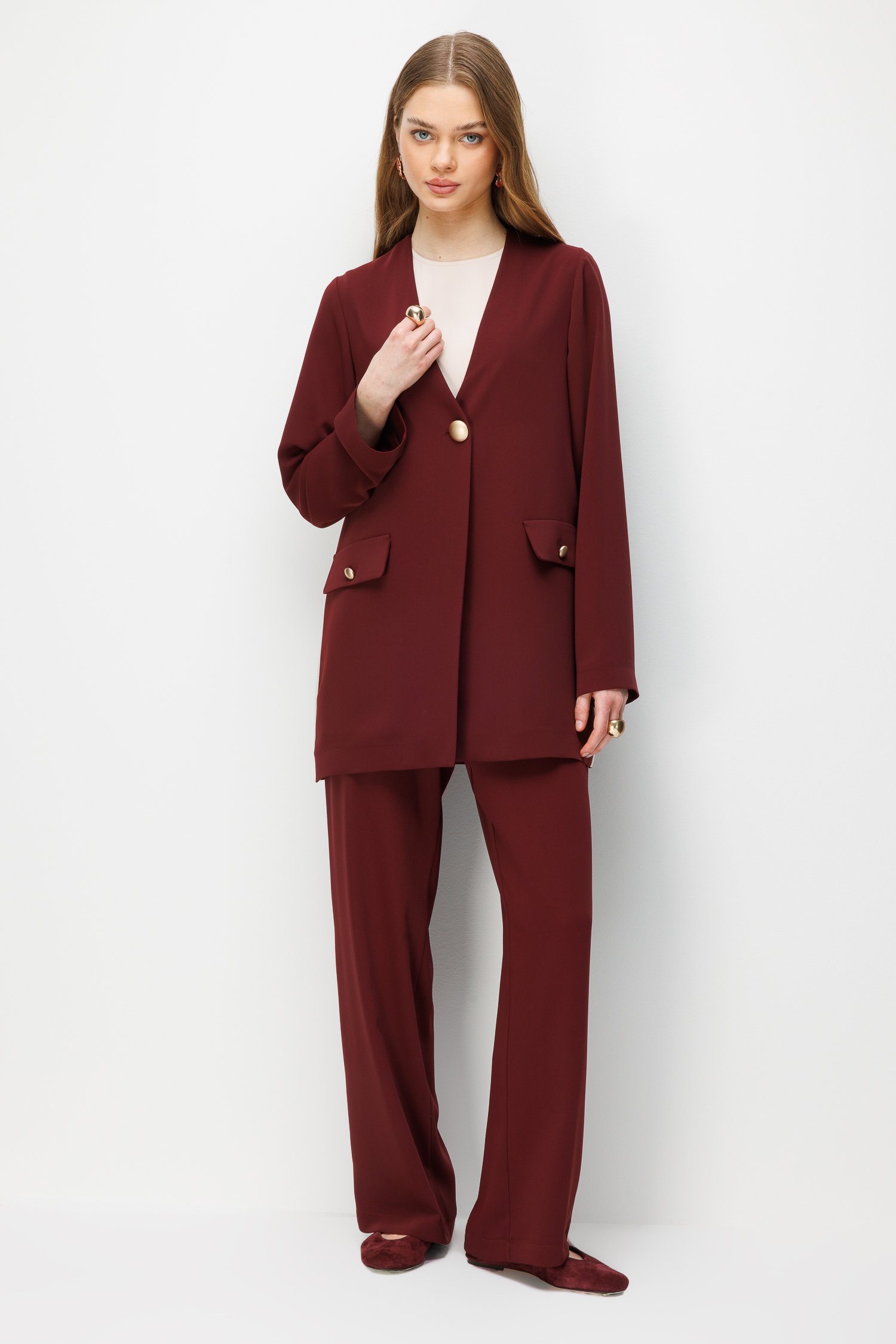Yanları Şerit Detaylı Pantolonlu Zarif Takım  Bordo