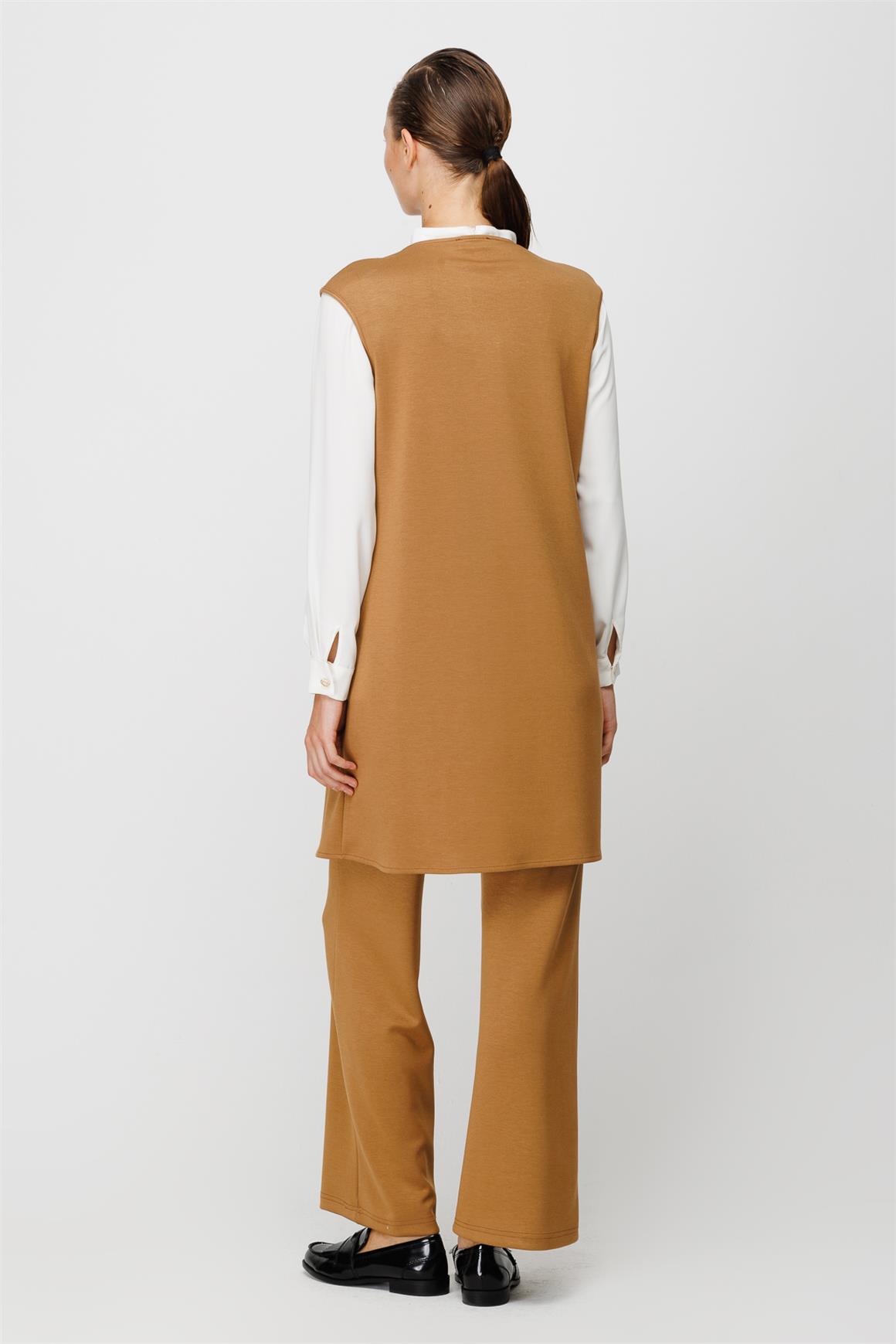 Yumuşak Kumaş Yelek Pantolon Bluz Takım  Camel · 6