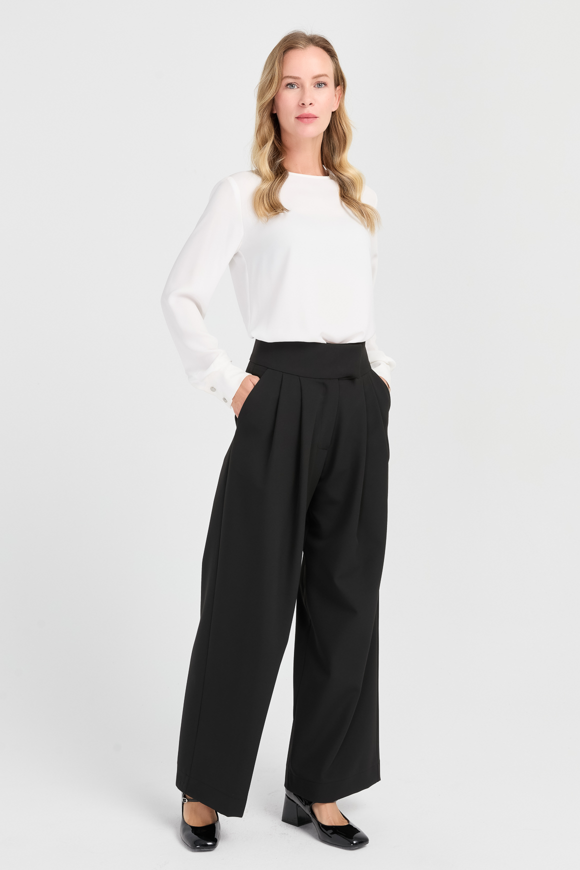 Yüksek Bel Çift Pile Pantolon  Siyah