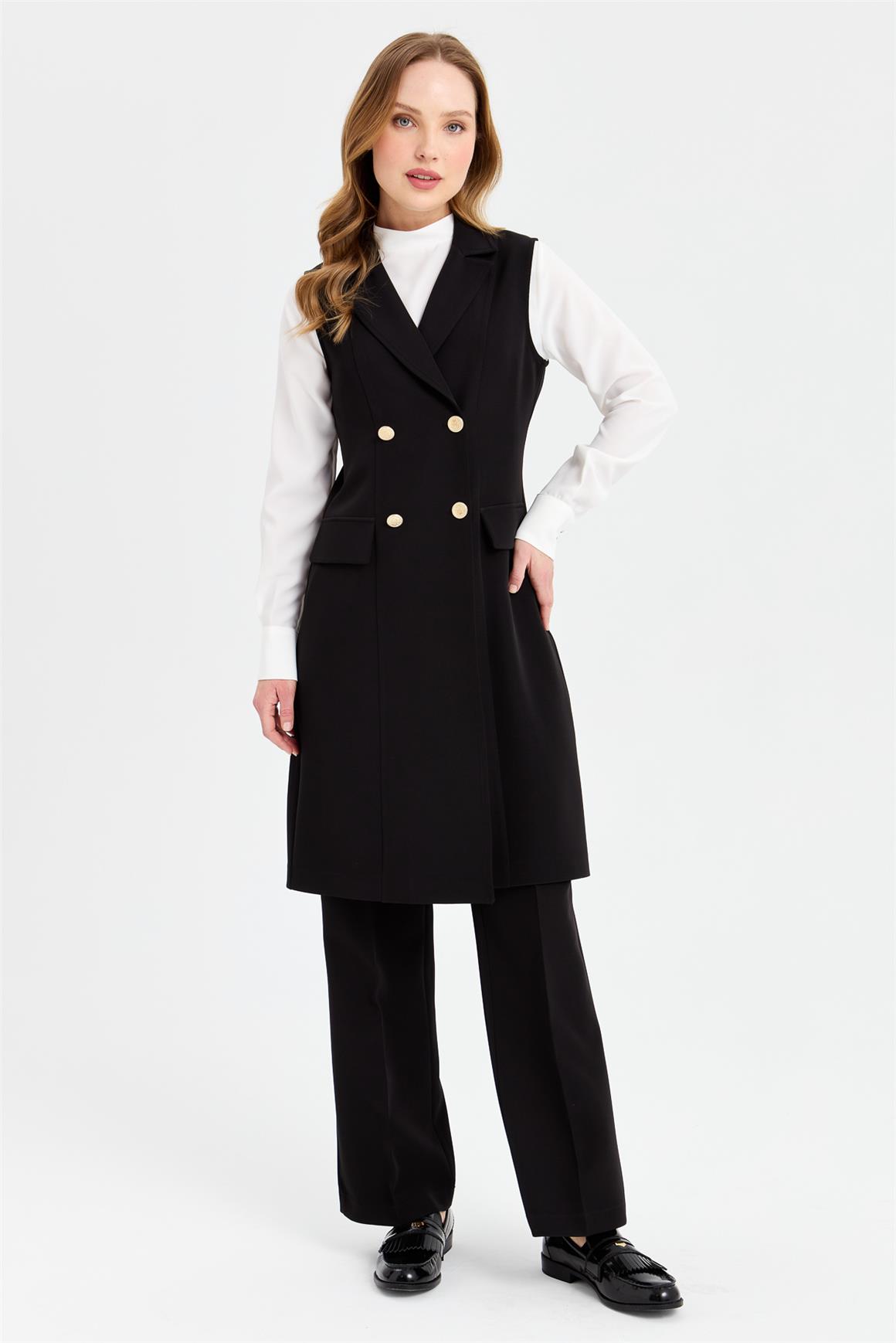 Uzun Yelekli Bluz Pantolon Takım  Siyah