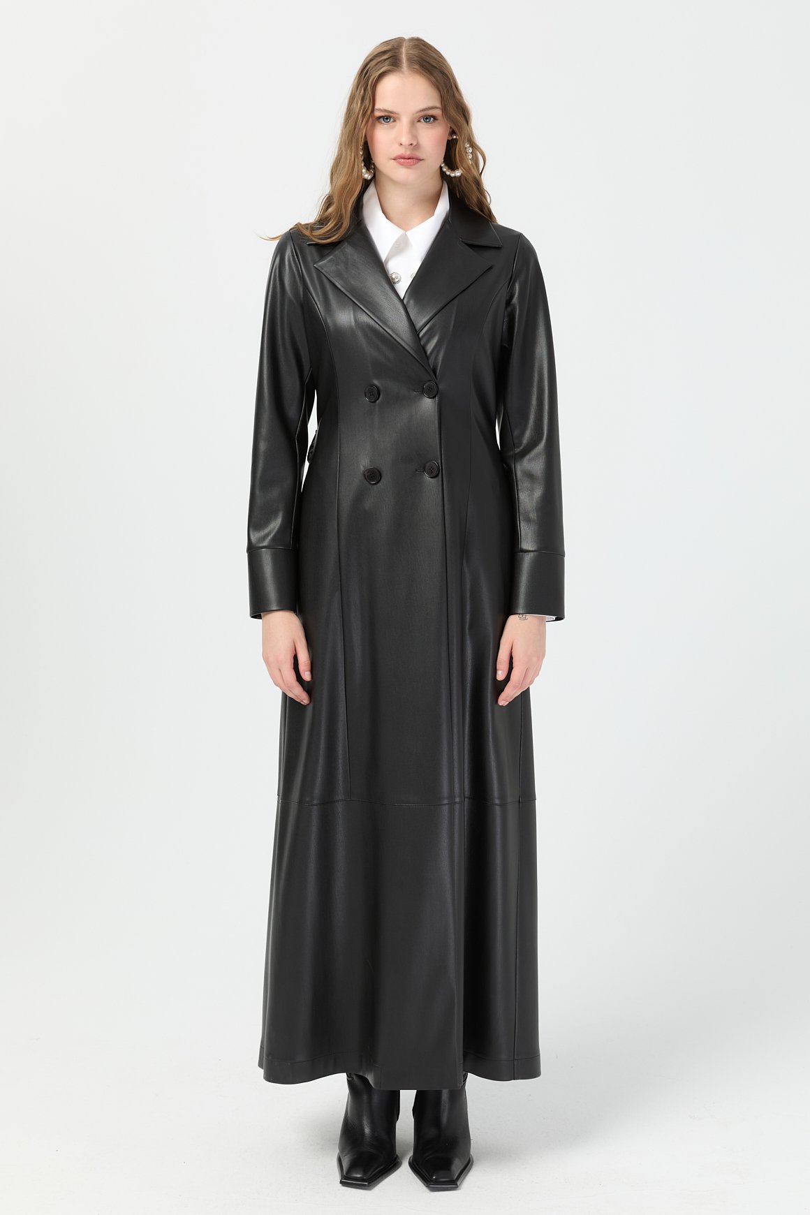 Tam Boy İçi Süet Deri Pardesü  Siyah