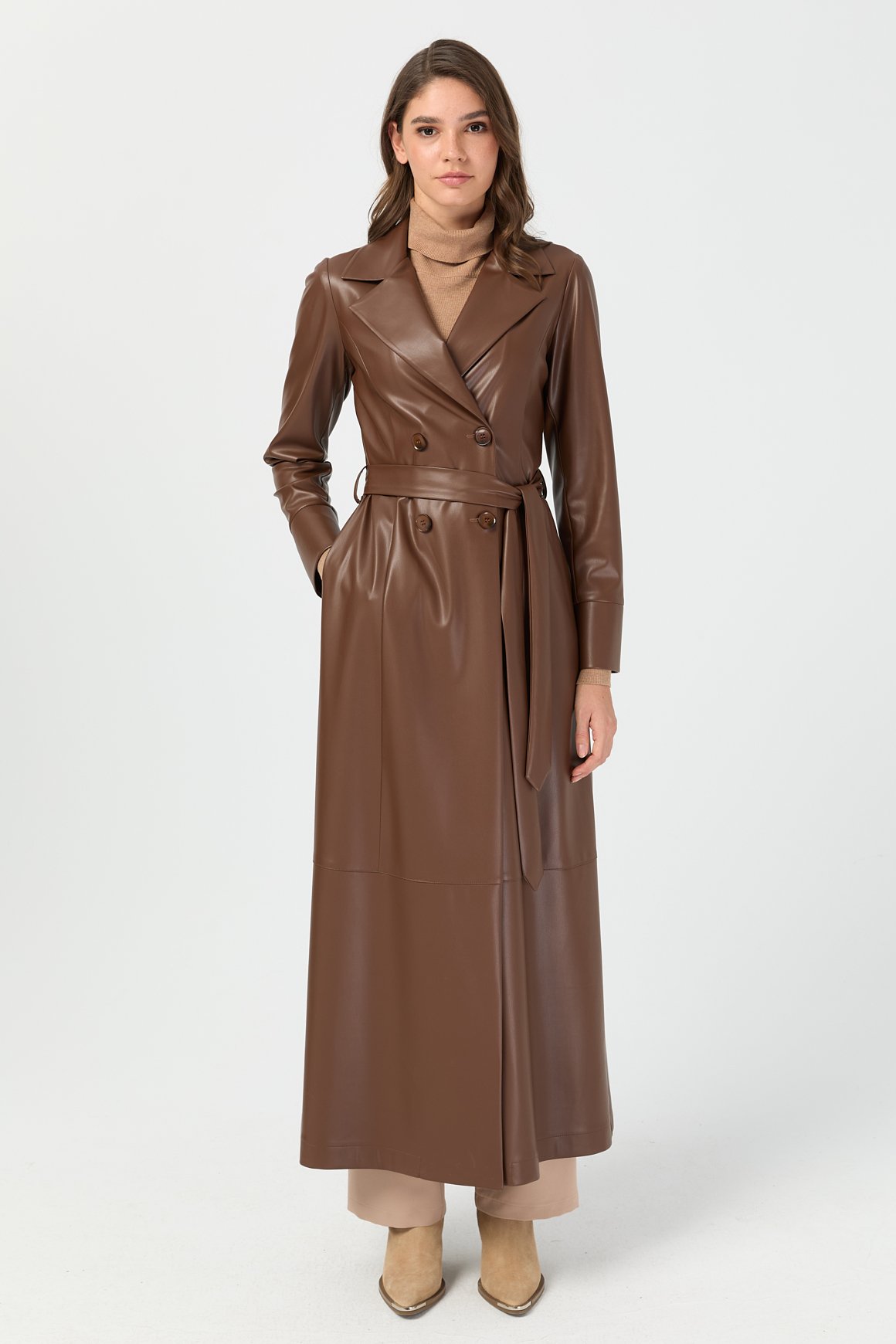 Tam Boy İçi Süet Deri Pardesü  Kahve