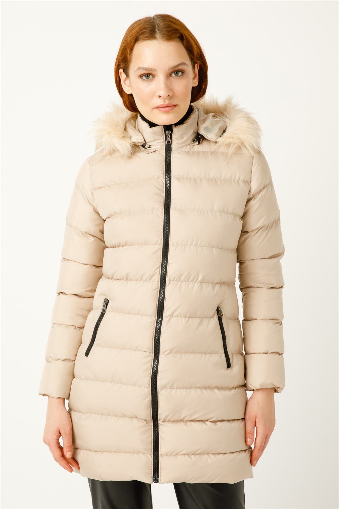 Ara Boy Kapişonlu Dolgu Kaban  Bej