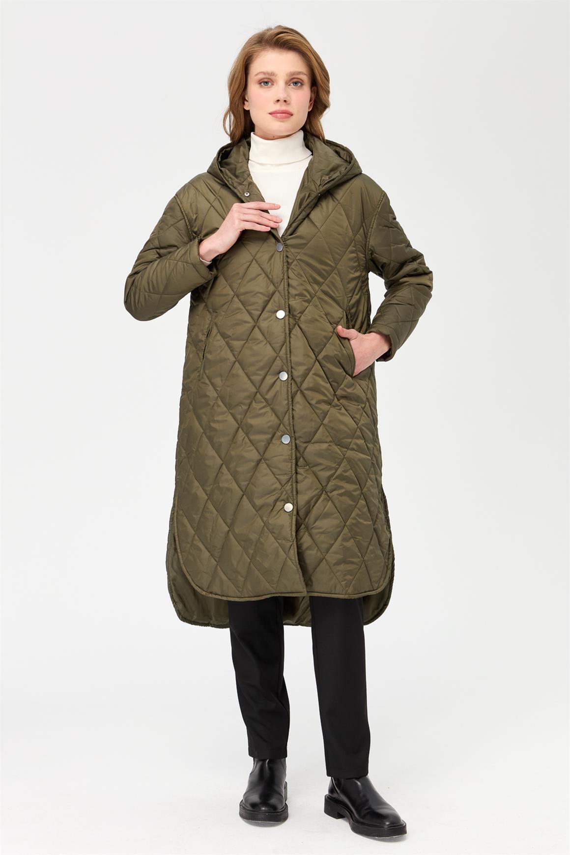 Kapitone Desenli Kapişonlu Çıt Çıt Kapamalı Mont  Haki