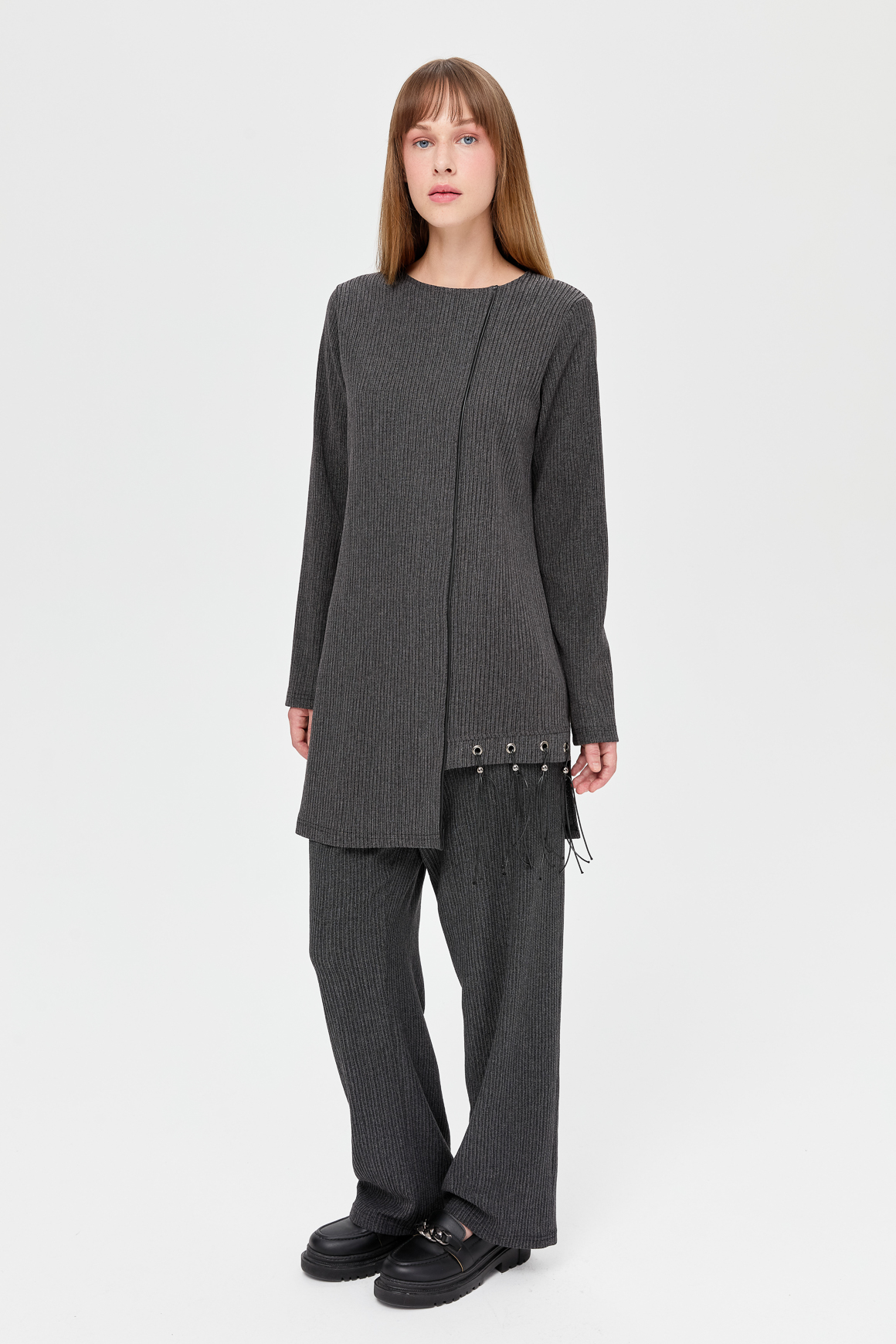 Leather Tassel Detailed Trousers Suit - Anthracite