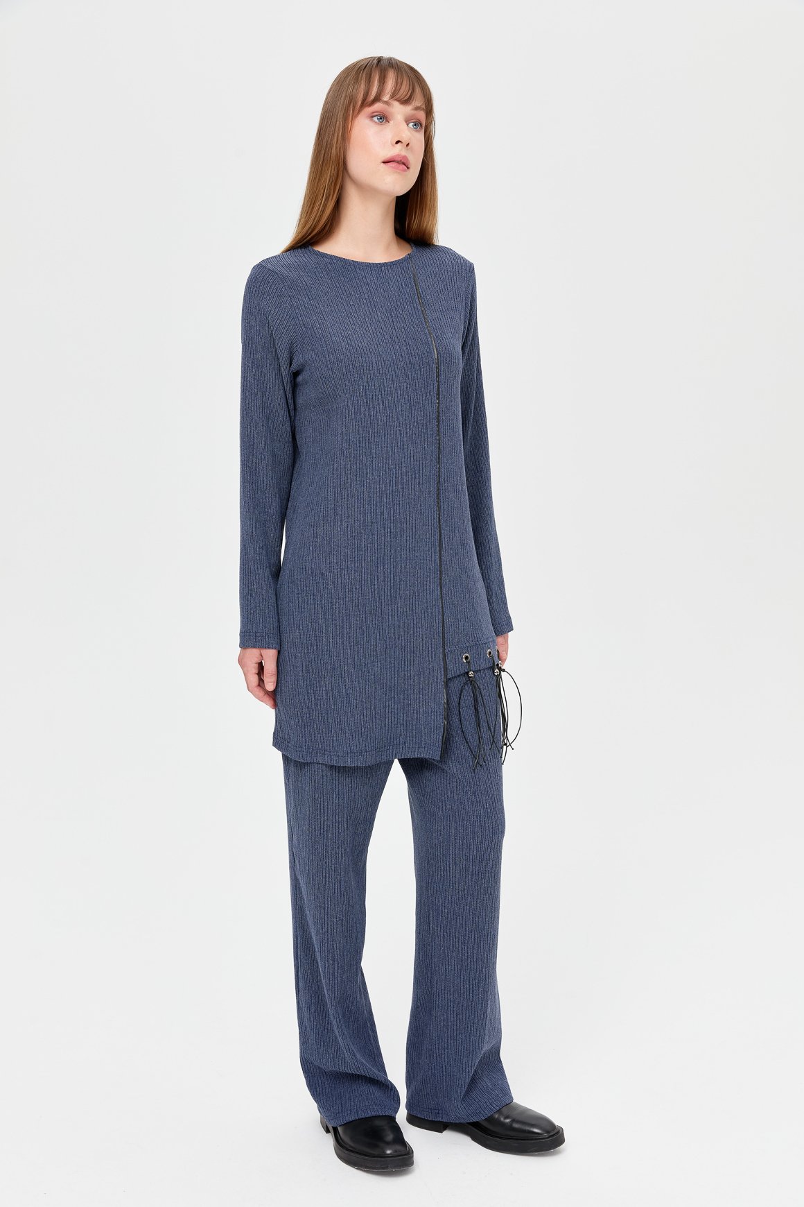 Deri Püskül Detaylı Pantolonlu Takım  İndigo