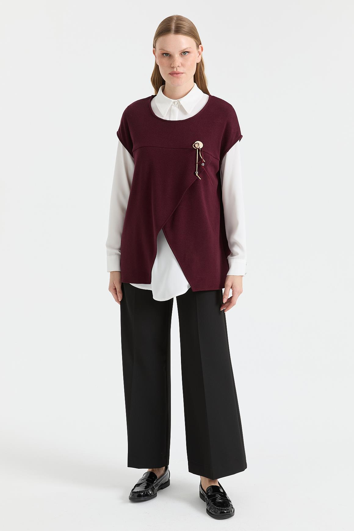 Asimetrik Kesim Broş Detaylı İkili Takım  Bordo